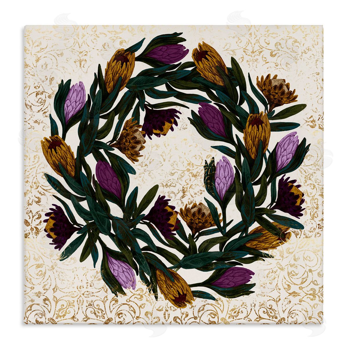 Stupell Studio Wild Thistle Floral Wreath on Regal Gold Pattern Stretched Canvas Wall Art Print