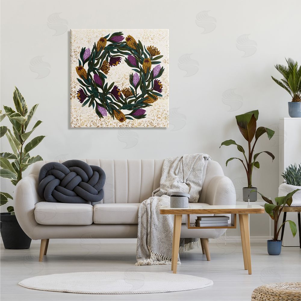Stupell Studio Wild Thistle Floral Wreath on Regal Gold Pattern Canvas Wall Art in Room