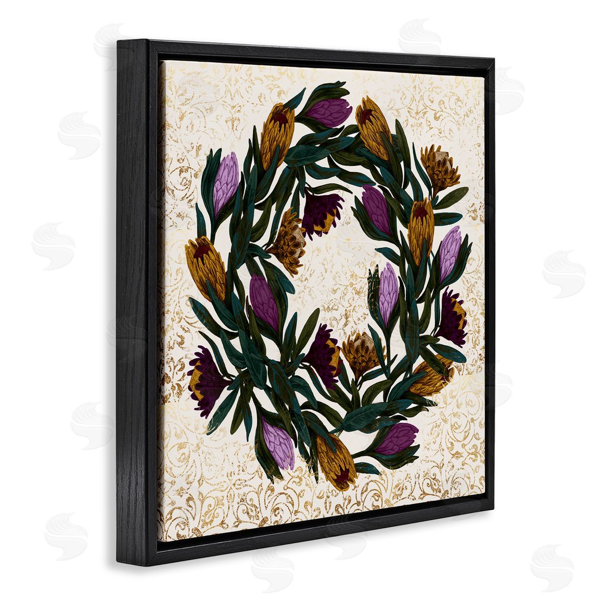 Stupell Studio Wild Thistle Floral Wreath on Regal Gold Pattern Black Floating Frame Canvas Wall Art Print