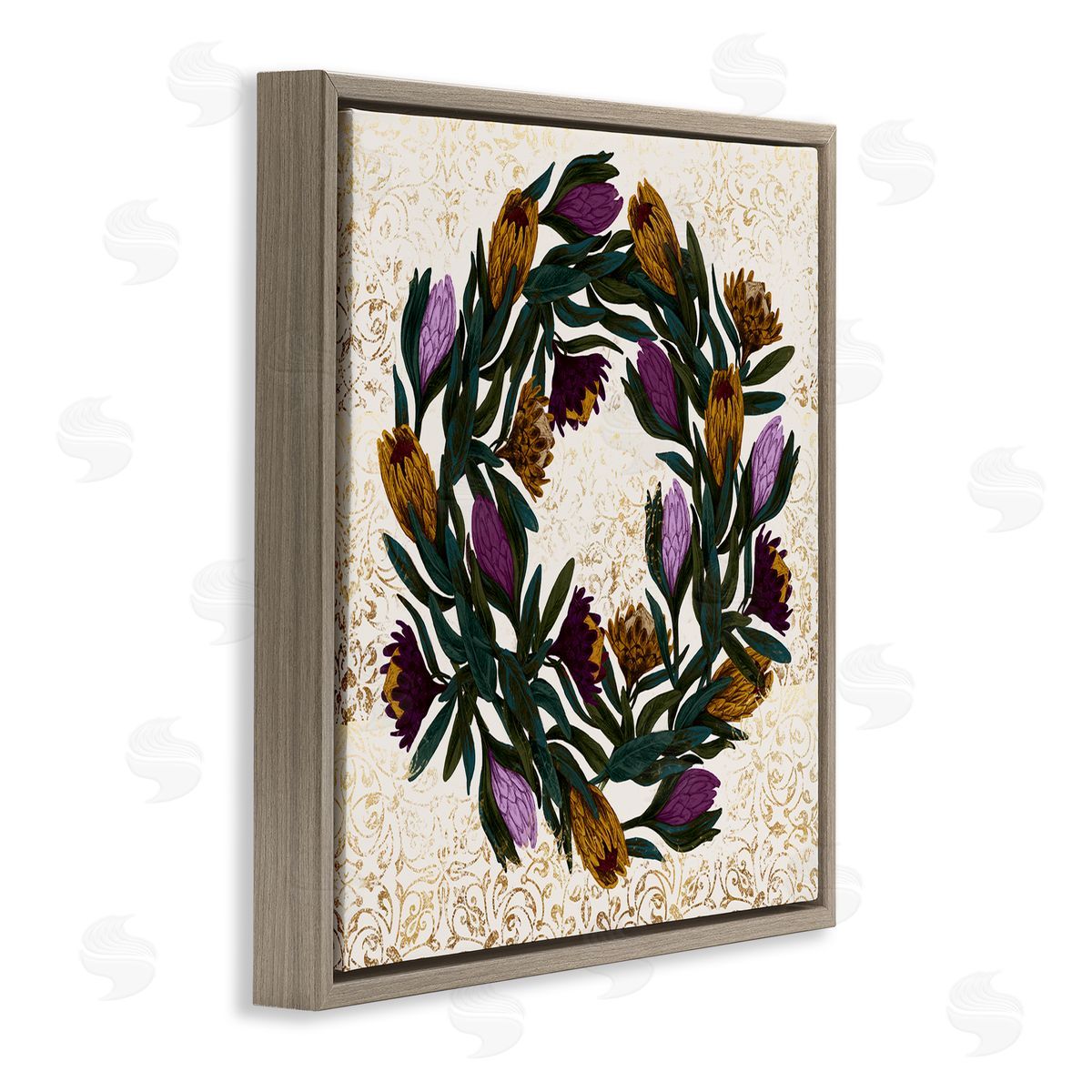 Stupell Studio Wild Thistle Floral Wreath on Regal Gold Pattern Brown Floating Frame Canvas Wall Art Print