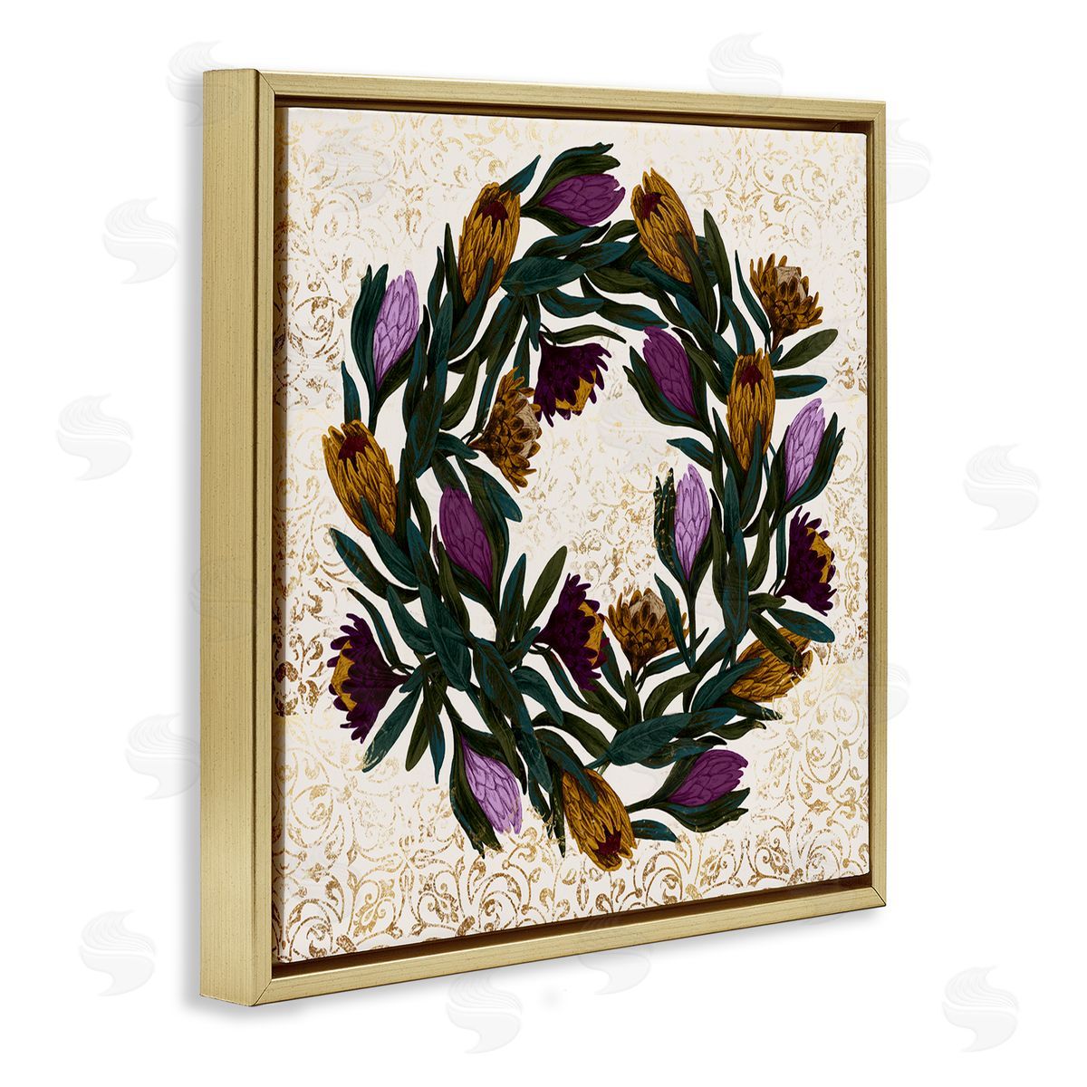 Stupell Studio Wild Thistle Floral Wreath on Regal Gold Pattern Gold Floating Frame Canvas Wall Art Print