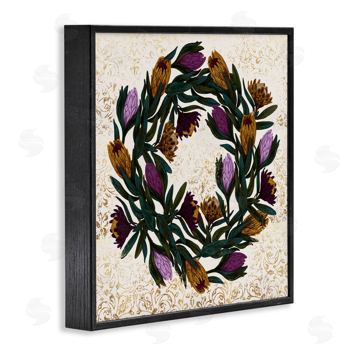 Stupell Studio Wild Thistle Floral Wreath on Regal Gold Pattern Black Framed Glicee Wall Art Print