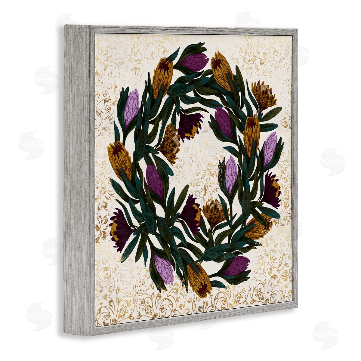 Stupell Studio Wild Thistle Floral Wreath on Regal Gold Pattern Gray Framed Glicee Wall Art Print