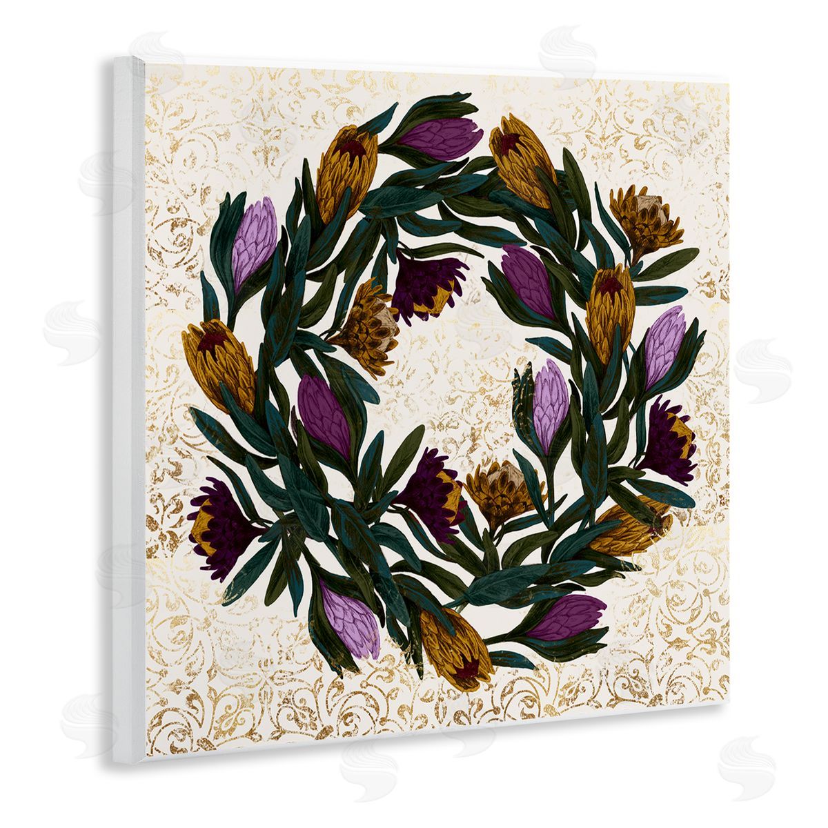 Stupell Studio Wild Thistle Floral Wreath on Regal Gold Pattern Wooden Wall Plaque Art Print