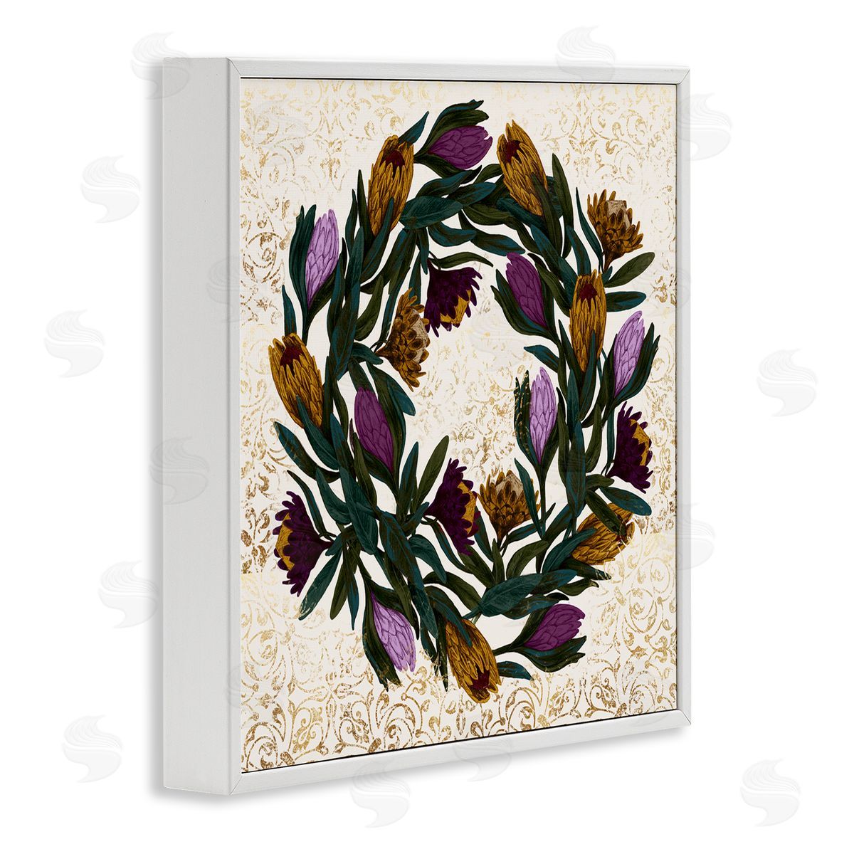 Stupell Studio Wild Thistle Floral Wreath on Regal Gold Pattern White Framed Glicee Wall Art Print