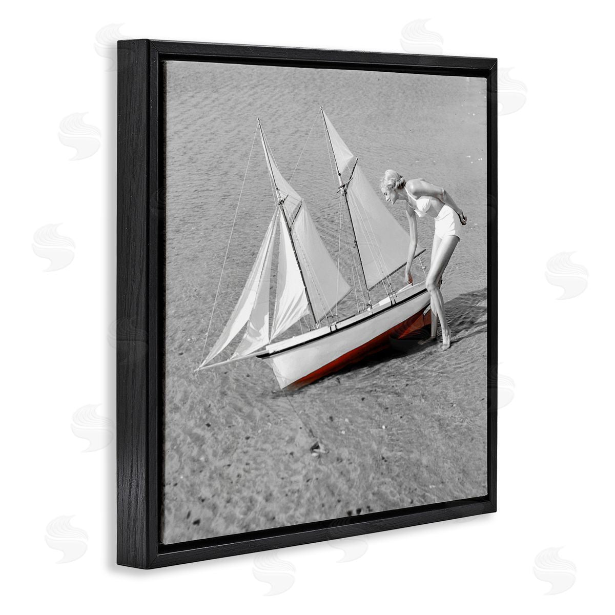Graffitee Studios Woman with Sailboat Black Floating Frame Canvas Wall Art Print