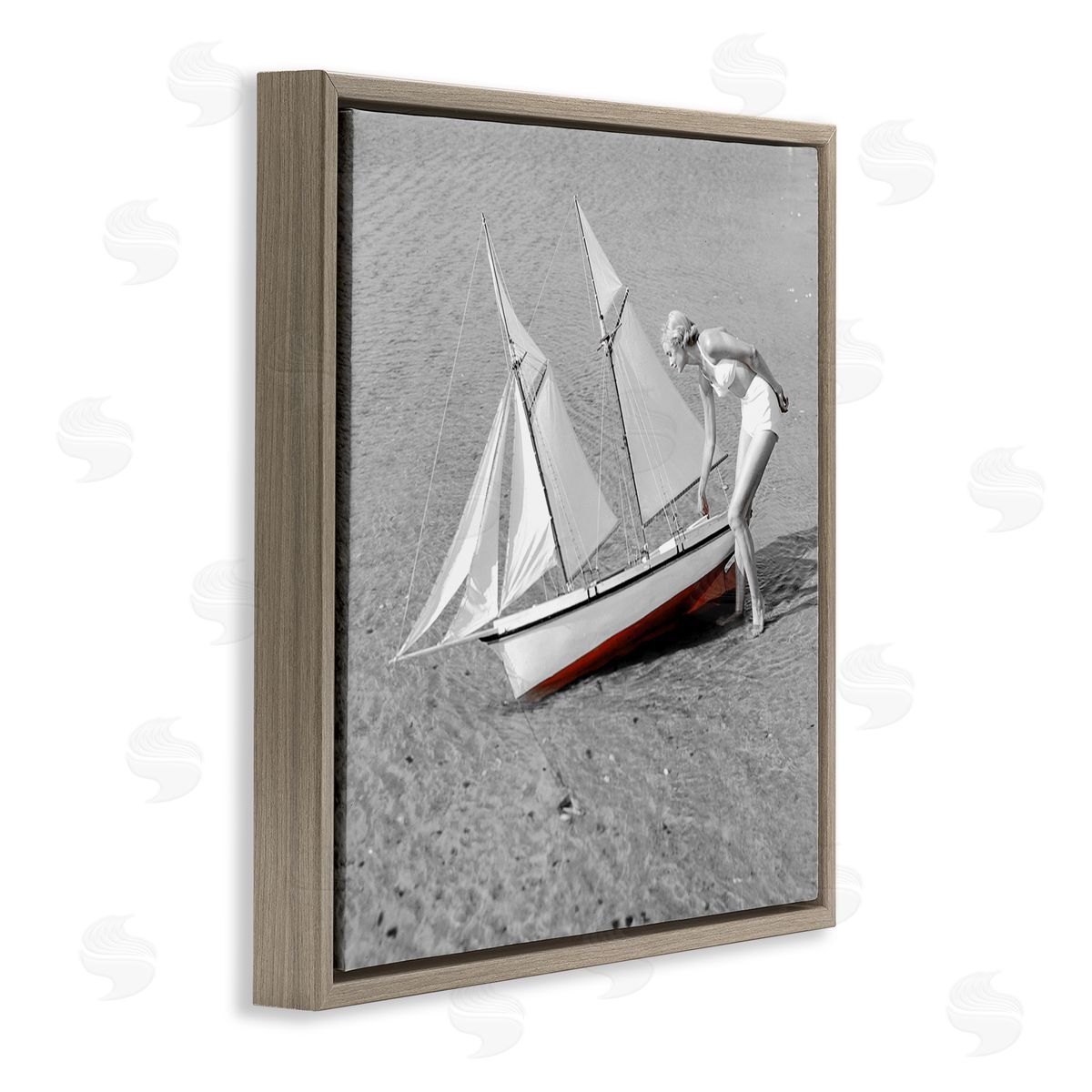 Graffitee Studios Woman with Sailboat Brown Floating Frame Canvas Wall Art Print