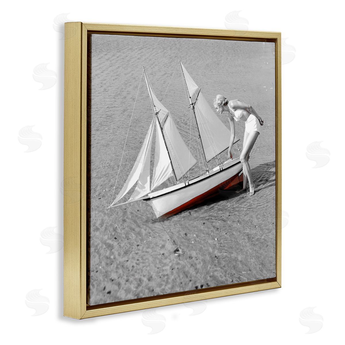 Graffitee Studios Woman with Sailboat Gold Floating Frame Canvas Wall Art Print