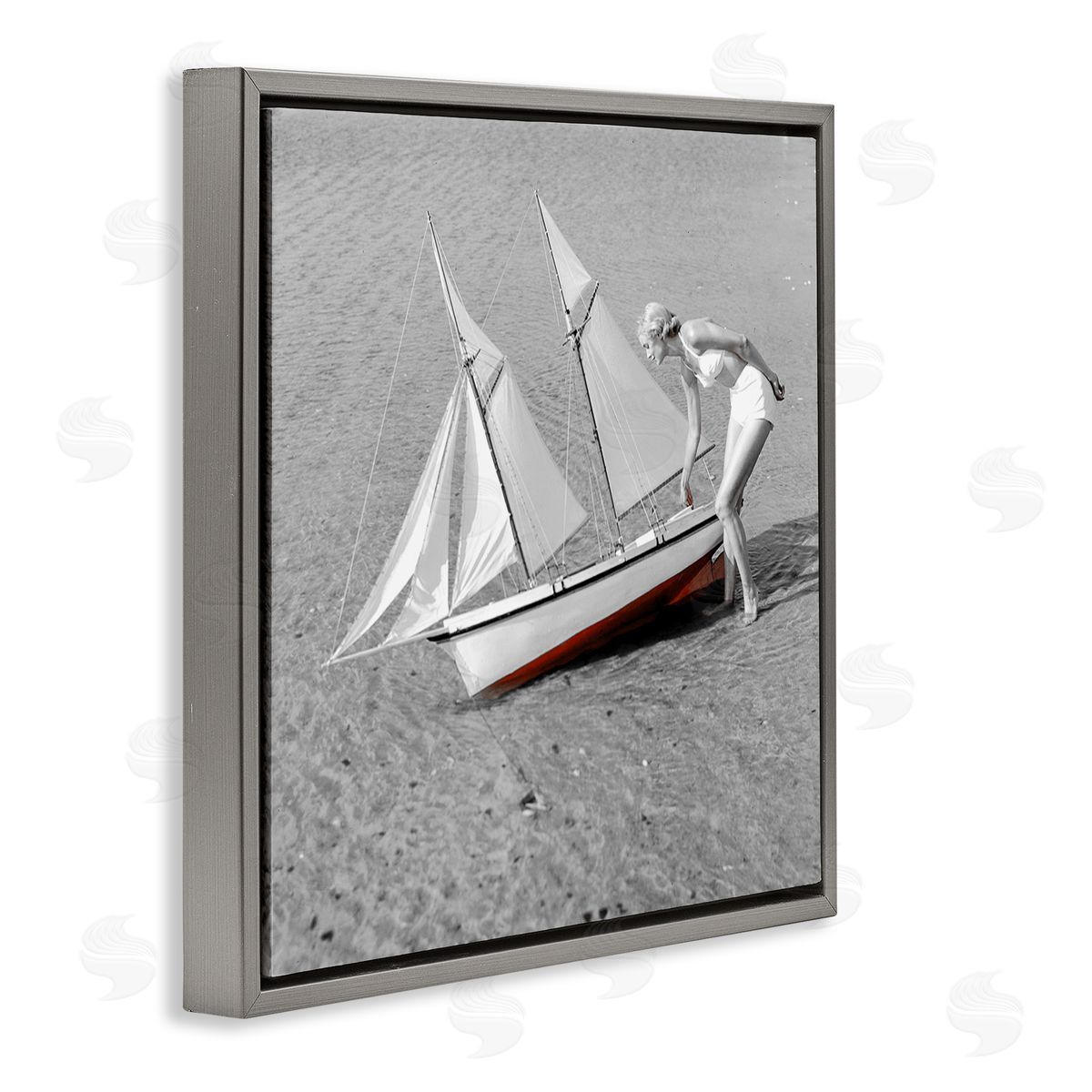 Graffitee Studios Woman with Sailboat Gray Floating Frame Canvas Wall Art Print