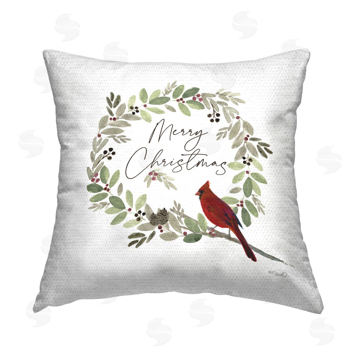 Christmas Cardinal Wreath Outdoor Printed Pillow, Home Decor by Kate Sherrill