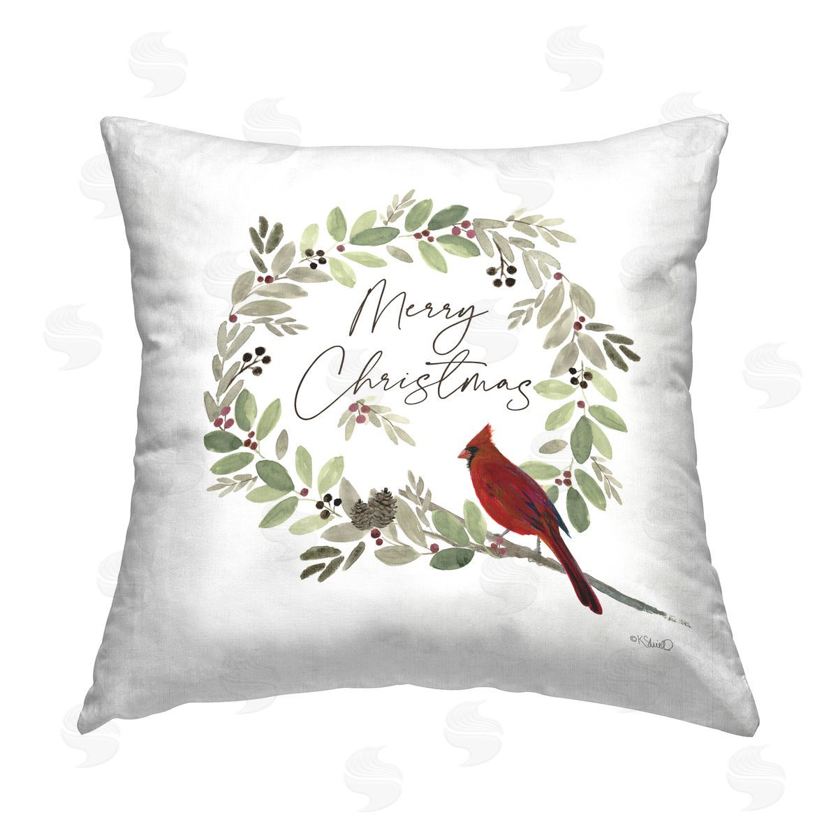 Christmas Cardinal Wreath Decorative Printed Pillow, Home Decor by Kate Sherrill