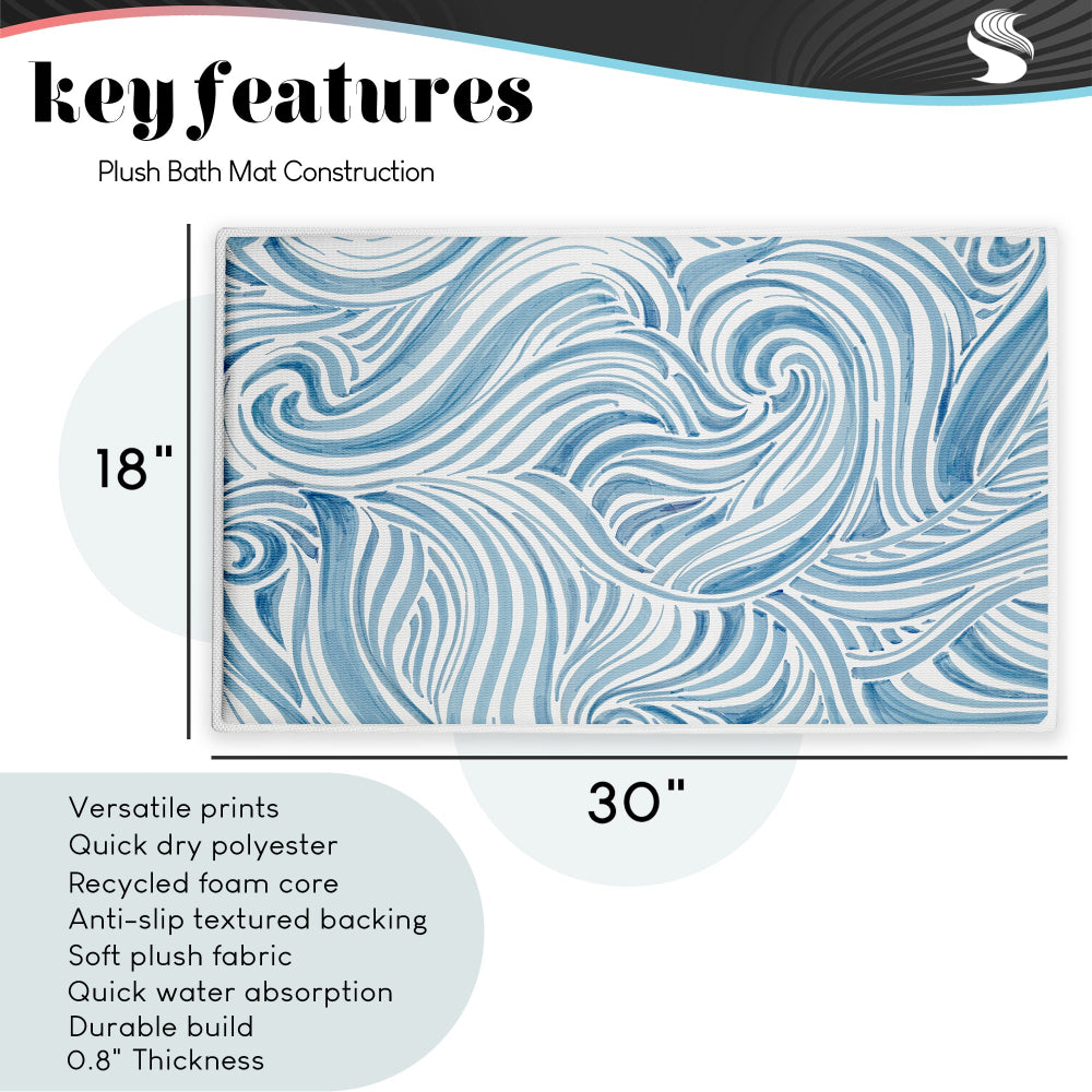 Emma Peal Blue Sea Scrolls Pattern Plush Bathroom Floor Mat