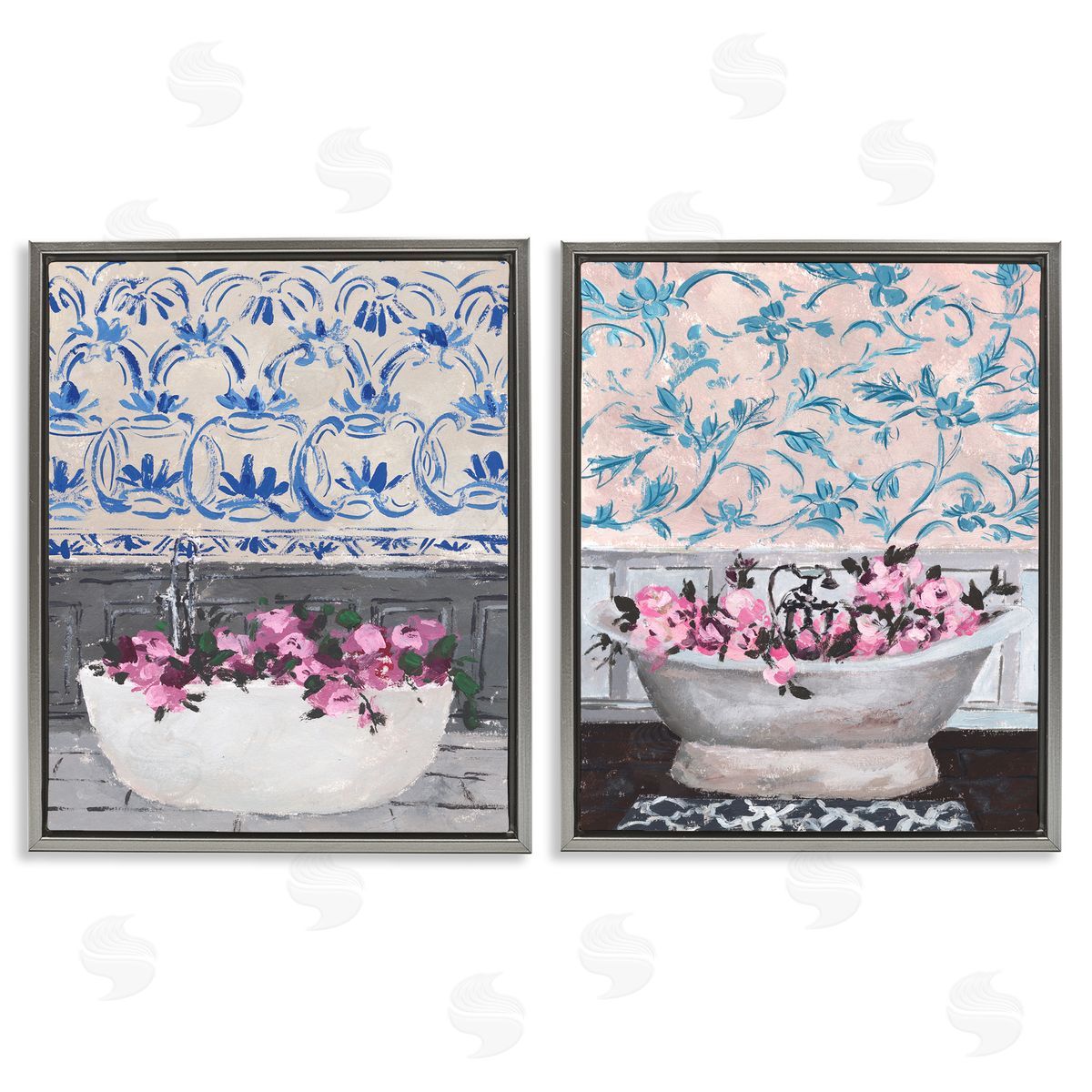 Flowers In Bath Tub Interior Design Grey Floating Frame Canvas Wall Art, Home Decor by Melissa Wang