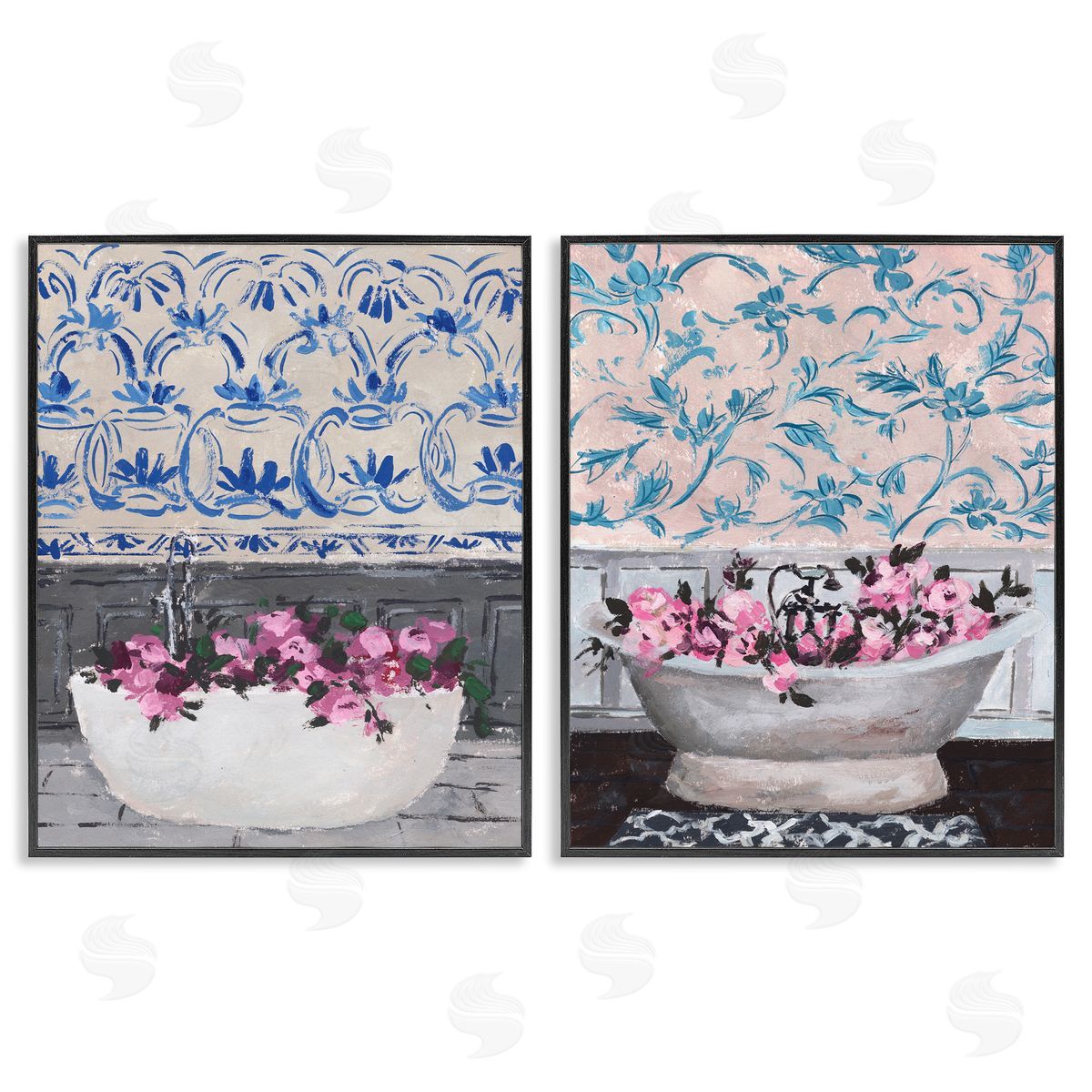 Flowers In Bath Tub Interior Design Black Frame Print Wall Art, Home Decor by Melissa Wang