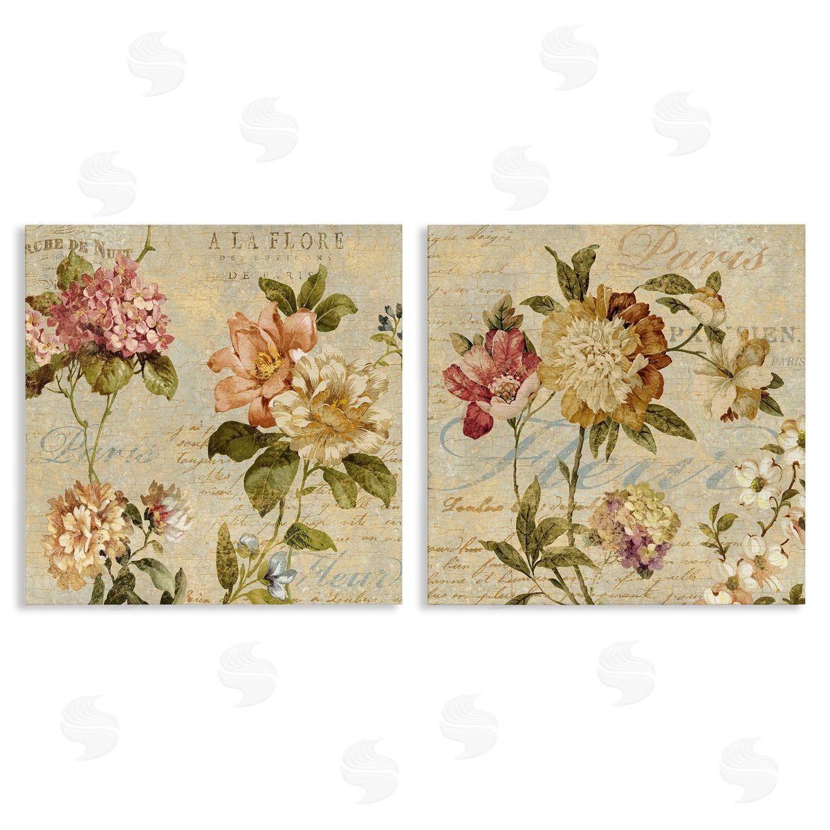 Vintage French Floral with Script Canvas Wall Art, Home Decor by Deborah Devellier