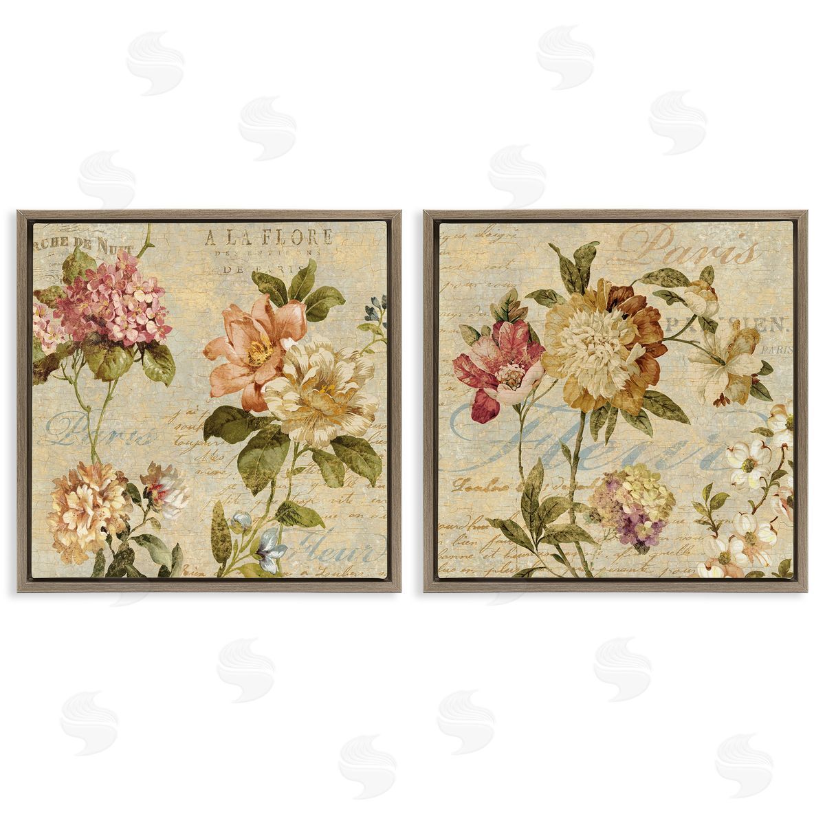Vintage French Floral with Script Brown Floating Frame Canvas Wall Art, Home Decor by Deborah Devellier