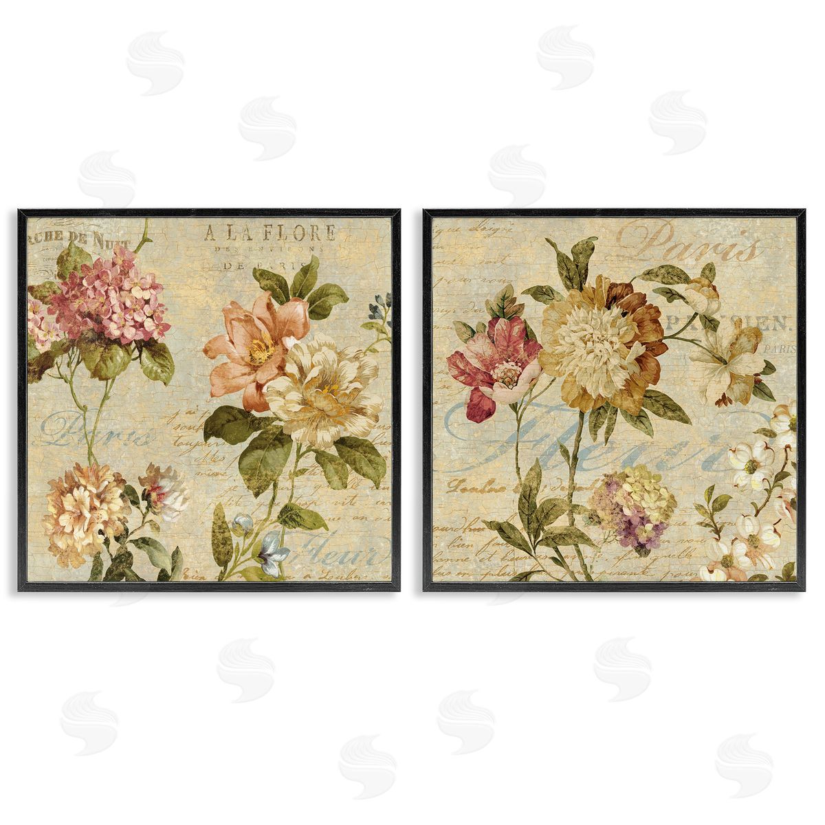 Vintage French Floral with Script Black Frame Print Wall Art, Home Decor by Deborah Devellier