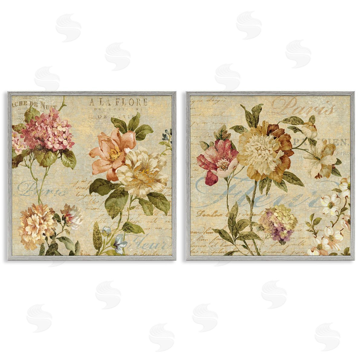 Vintage French Floral with Script Grey Frame Print Wall Art, Home Decor by Deborah Devellier