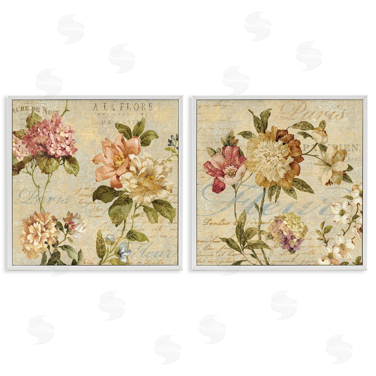 Vintage French Floral with Script White Frame Print Wall Art, Home Decor by Deborah Devellier
