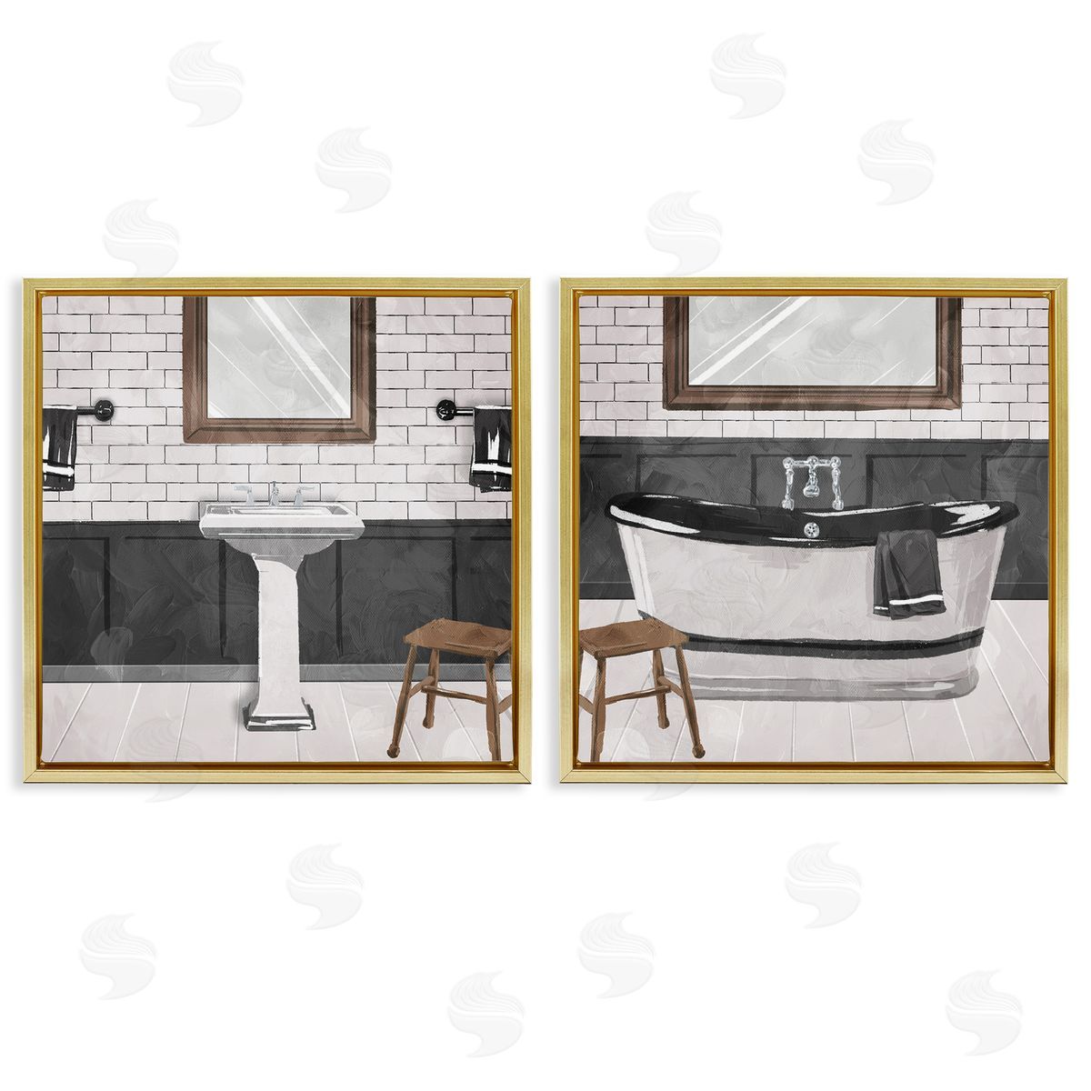 Modern Country Bathroom Interior Gold Floating Frame Canvas Wall Art, Home Decor by Milli Villa