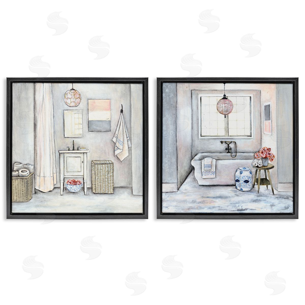 Bathroom Interior Soft Cottage Design Black Floating Frame Canvas Wall Art, Home Decor by R. Rig