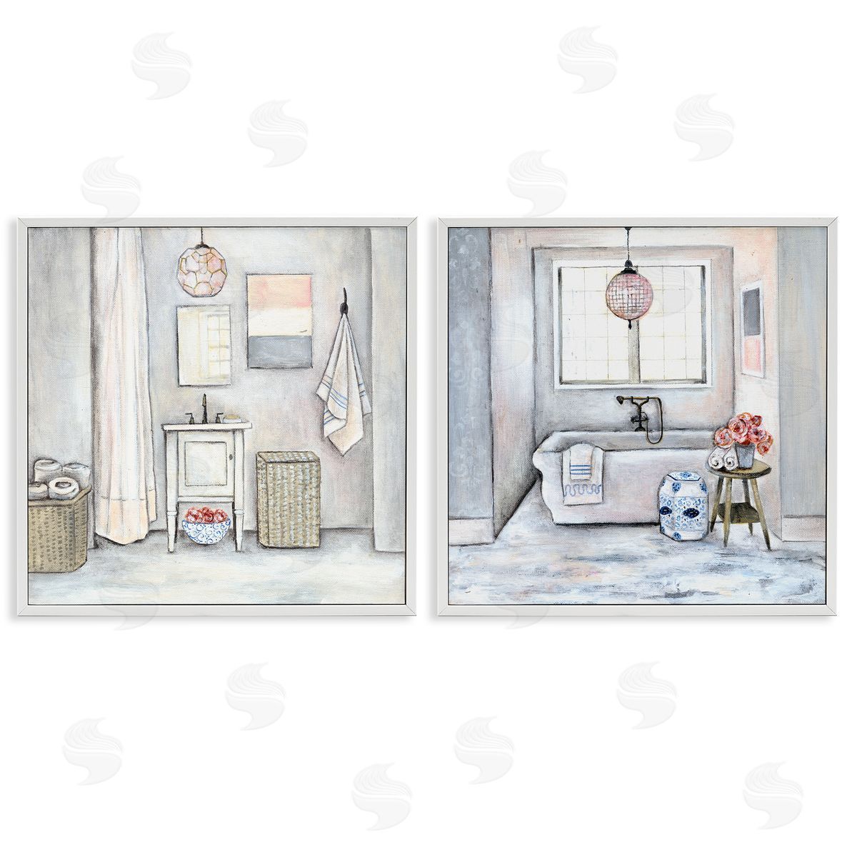Bathroom Interior Soft Cottage Design White Frame Print Wall Art, Home Decor by R. Rig