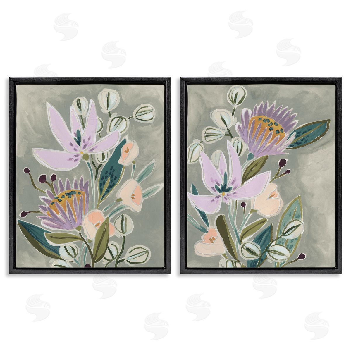 Abstract Purple Floral Arrangement Black Floating Frame Canvas Wall Art, Home Decor by June Erica Vess