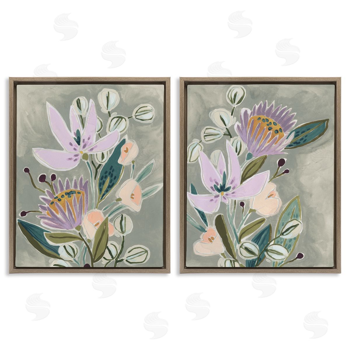 Abstract Purple Floral Arrangement Brown Floating Frame Canvas Wall Art, Home Decor by June Erica Vess
