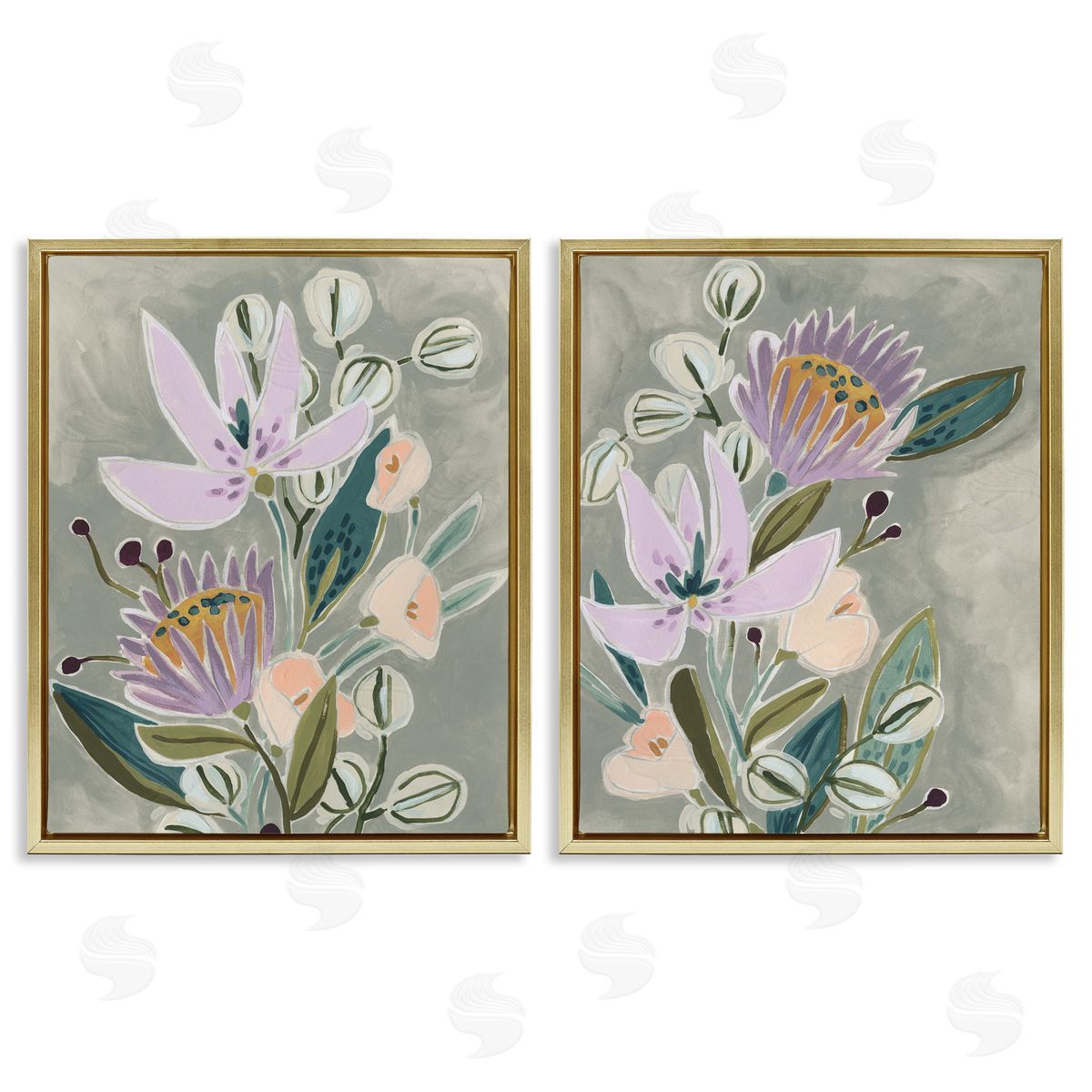 Abstract Purple Floral Arrangement Gold Floating Frame Canvas Wall Art, Home Decor by June Erica Vess