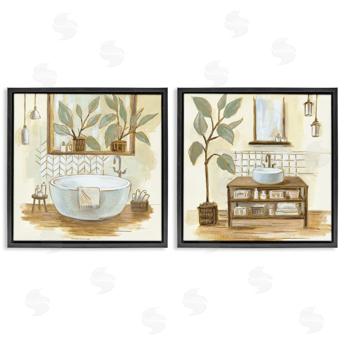 Sage Green Bathroom Interiors Black Floating Frame Canvas Wall Art, Home Decor by Silvia Vassileva