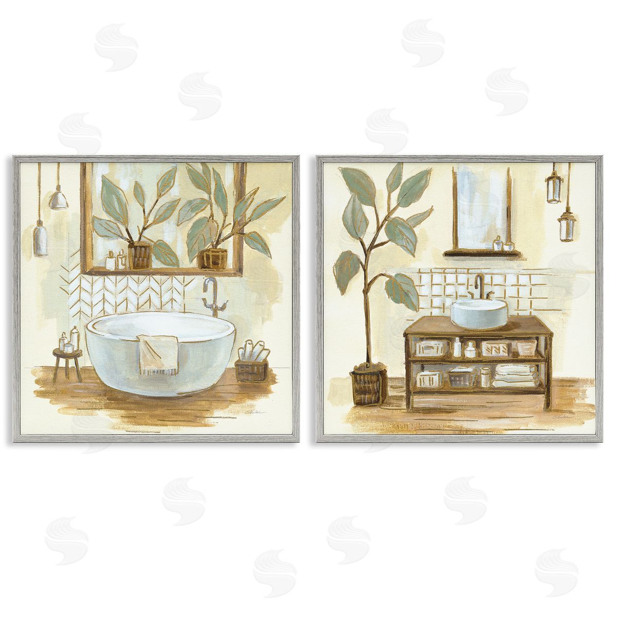 Sage Green Bathroom Interiors Grey Frame Print Wall Art, Home Decor by Silvia Vassileva