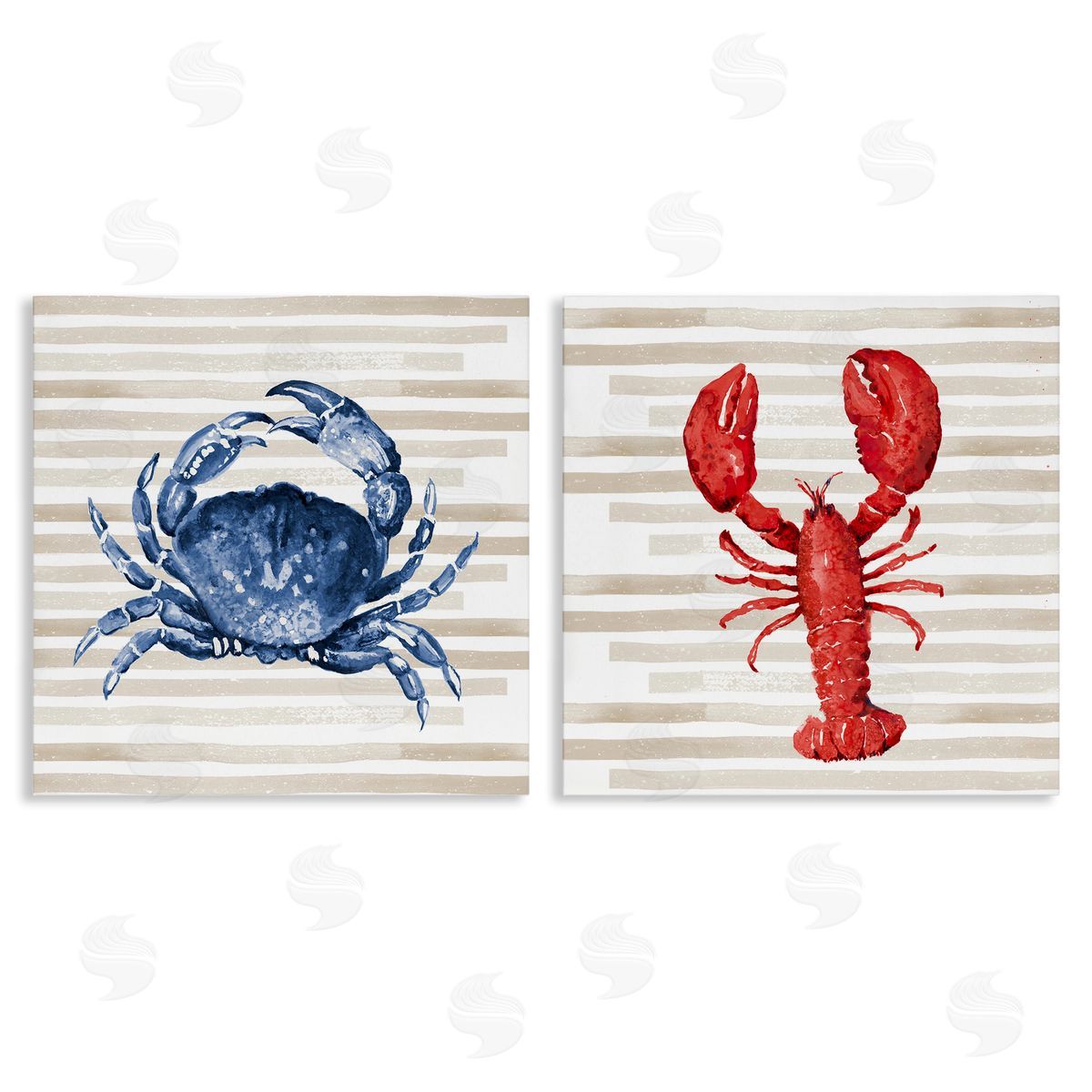 Nautical Crab & Lobster Beige Stripes Canvas Wall Art, Home Decor by Patricia Pinto