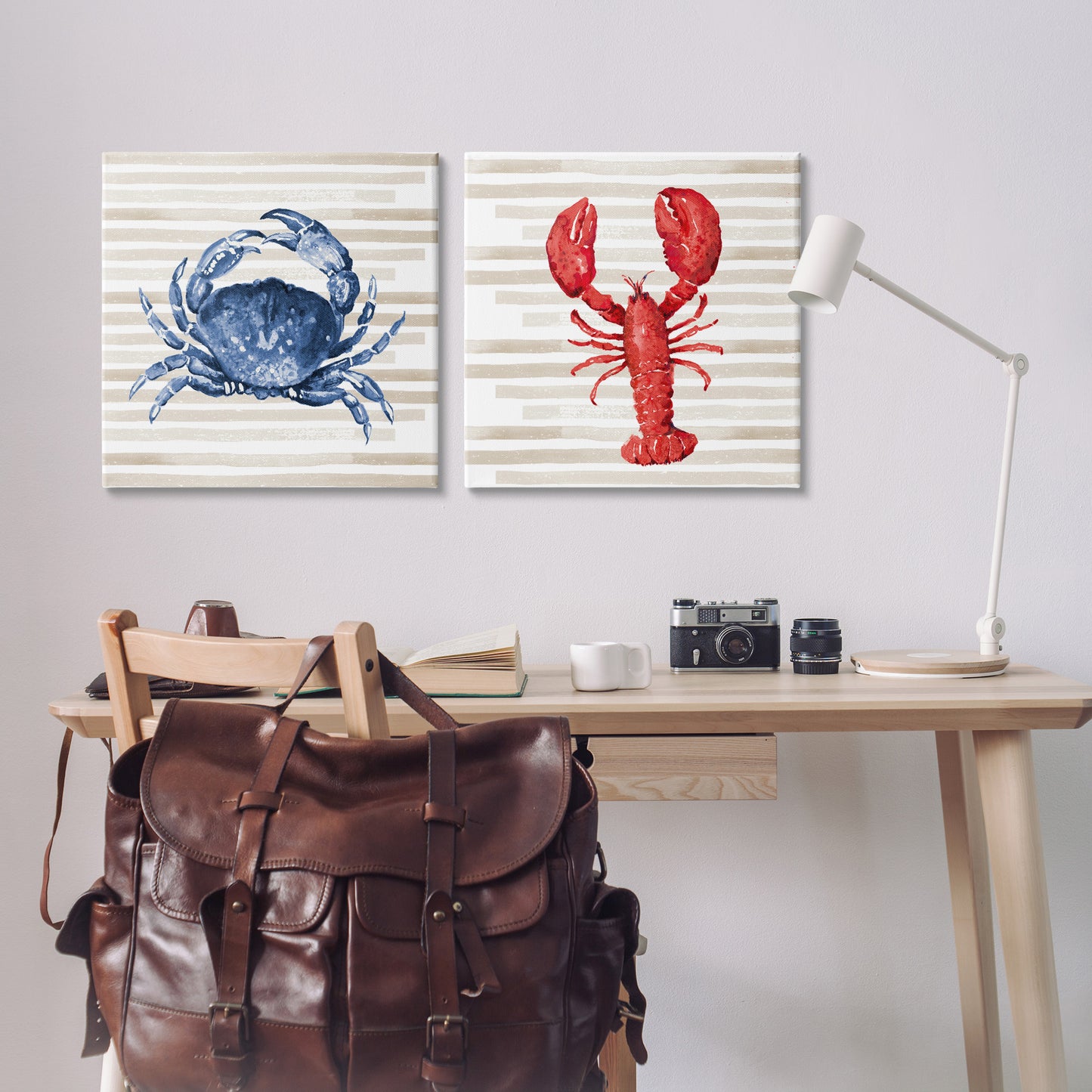 Nautical Crab & Lobster Beige Stripes Canvas Wall Art in Room, Home Decor by Patricia Pinto
