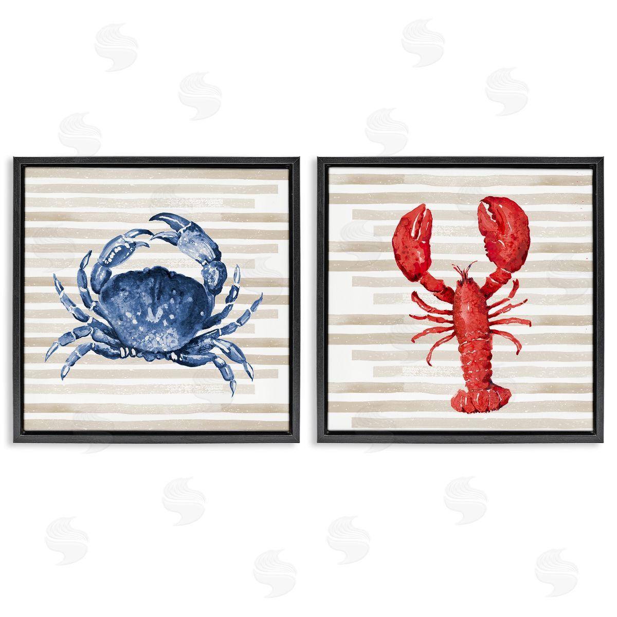 Nautical Crab & Lobster Beige Stripes Black Floating Frame Canvas Wall Art, Home Decor by Patricia Pinto