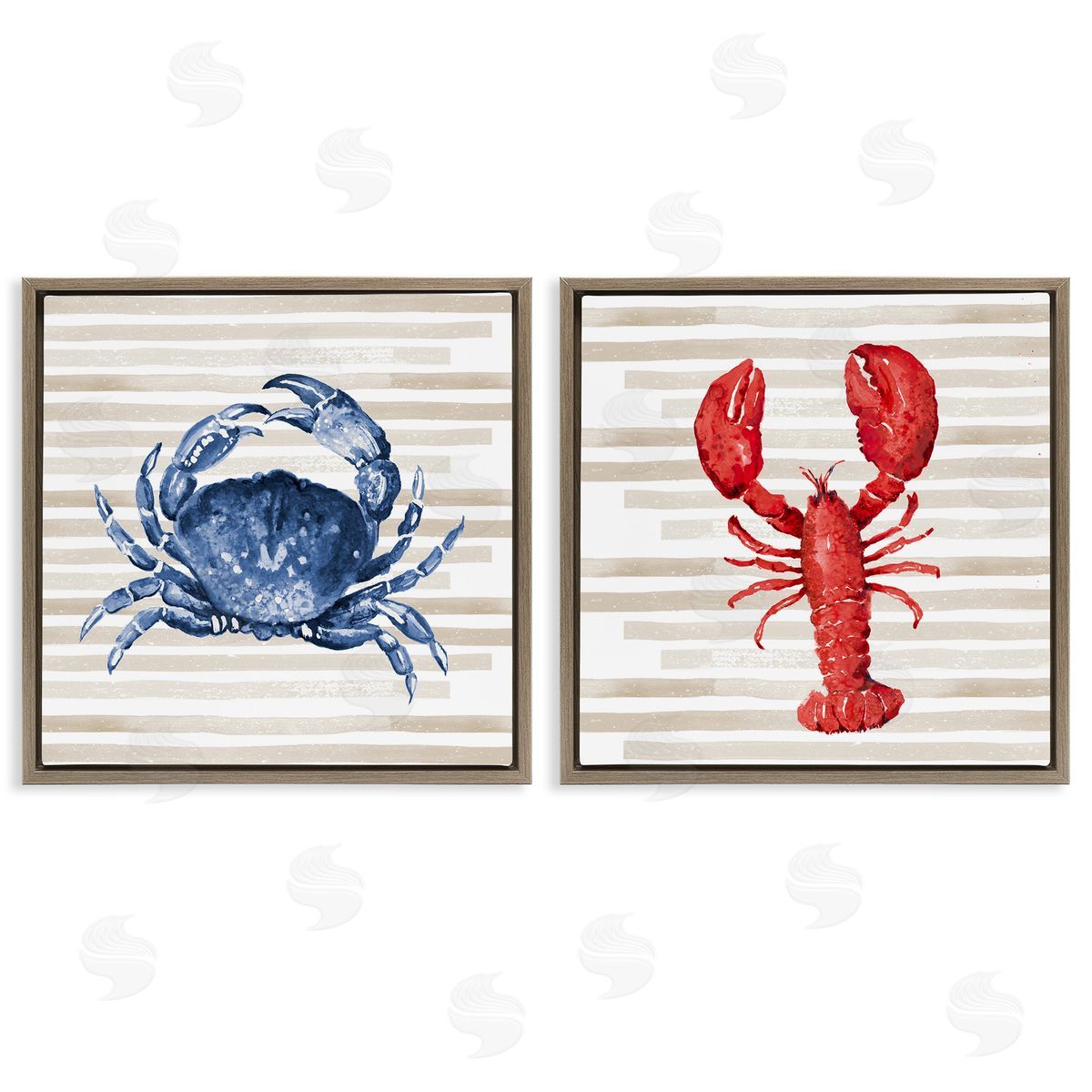 Nautical Crab & Lobster Beige Stripes Brown Floating Frame Canvas Wall Art, Home Decor by Patricia Pinto