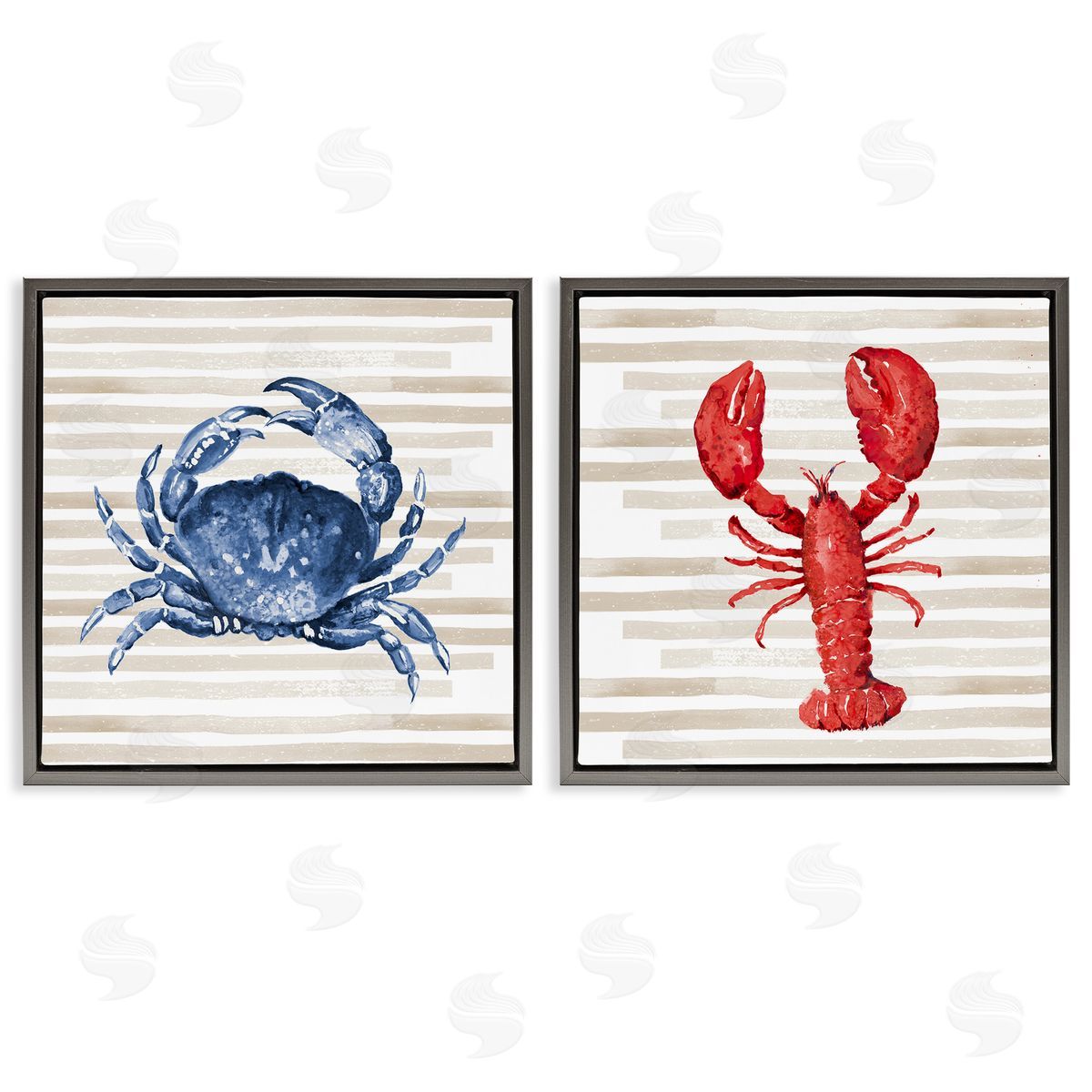 Nautical Crab & Lobster Beige Stripes Grey Floating Frame Canvas Wall Art, Home Decor by Patricia Pinto