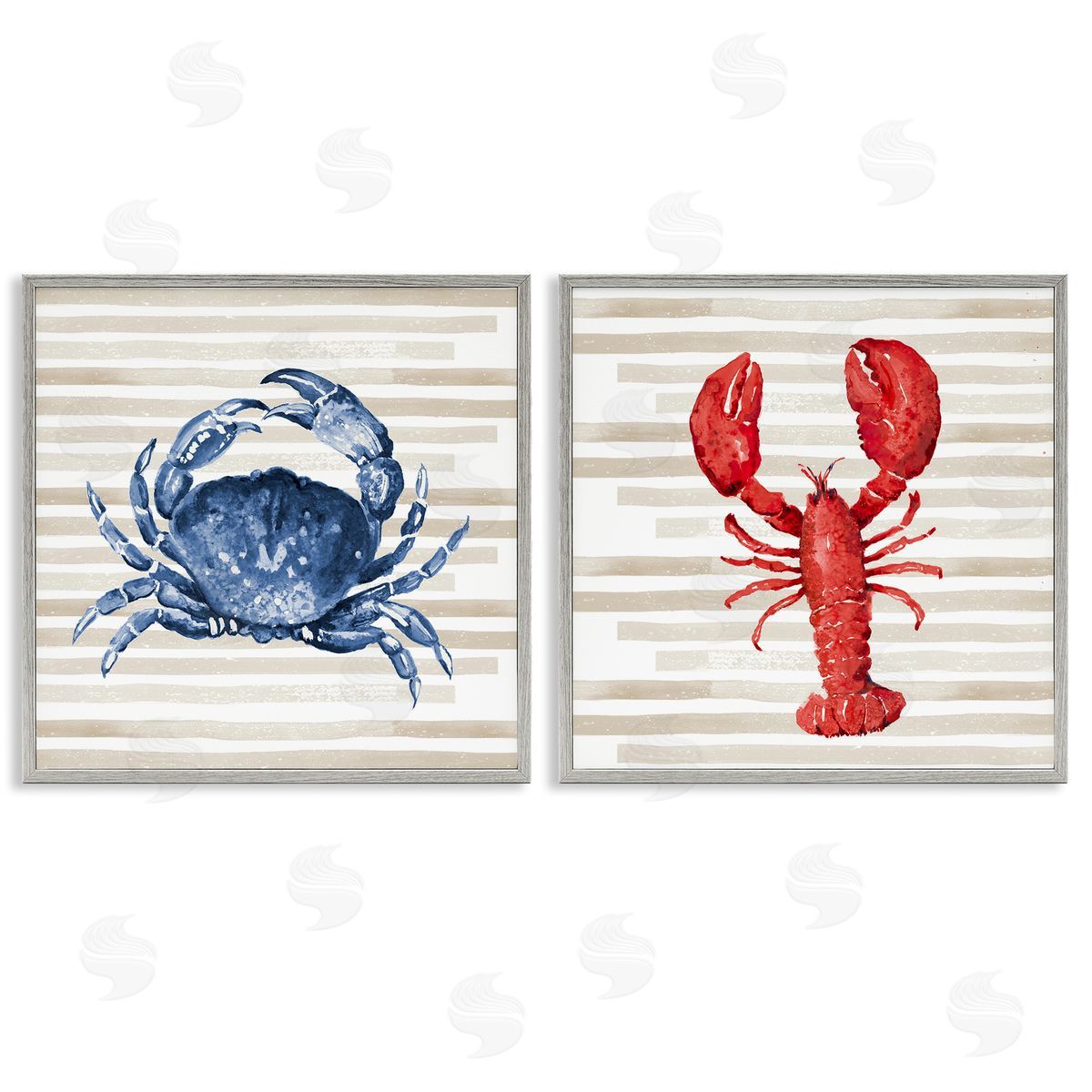 Nautical Crab & Lobster Beige Stripes Grey Frame Print Wall Art, Home Decor by Patricia Pinto