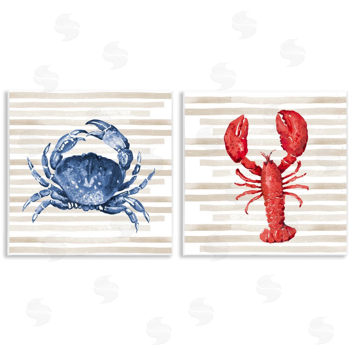 Nautical Crab & Lobster Beige Stripes Wood Plaque Wall Art, Home Decor by Patricia Pinto