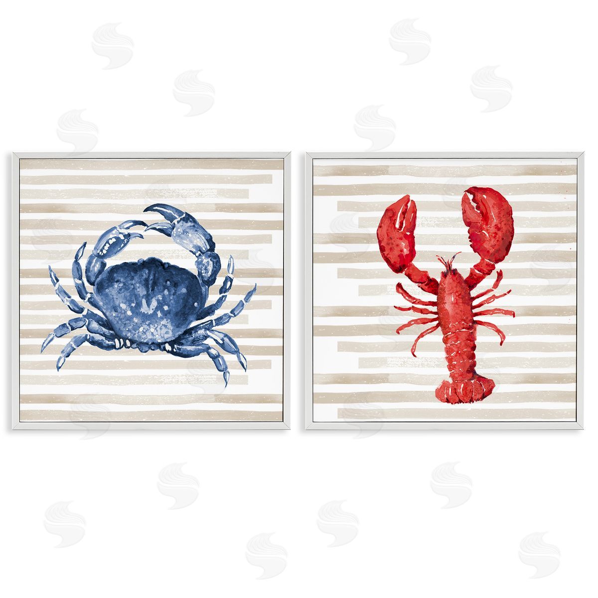 Nautical Crab & Lobster Beige Stripes White Frame Print Wall Art, Home Decor by Patricia Pinto