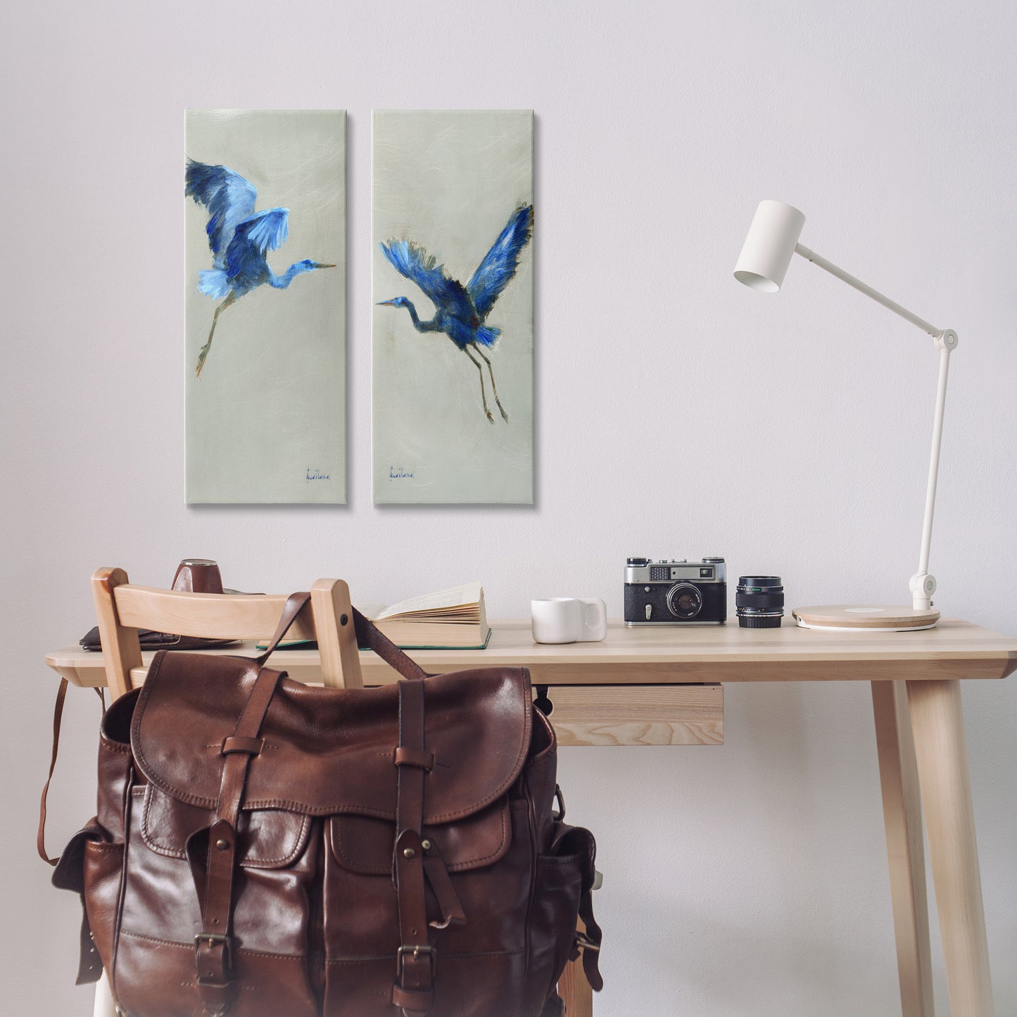 Expressive Flying Cranes Abstract Birds Canvas Wall Art in Room, Home Decor by Katie Swatland
