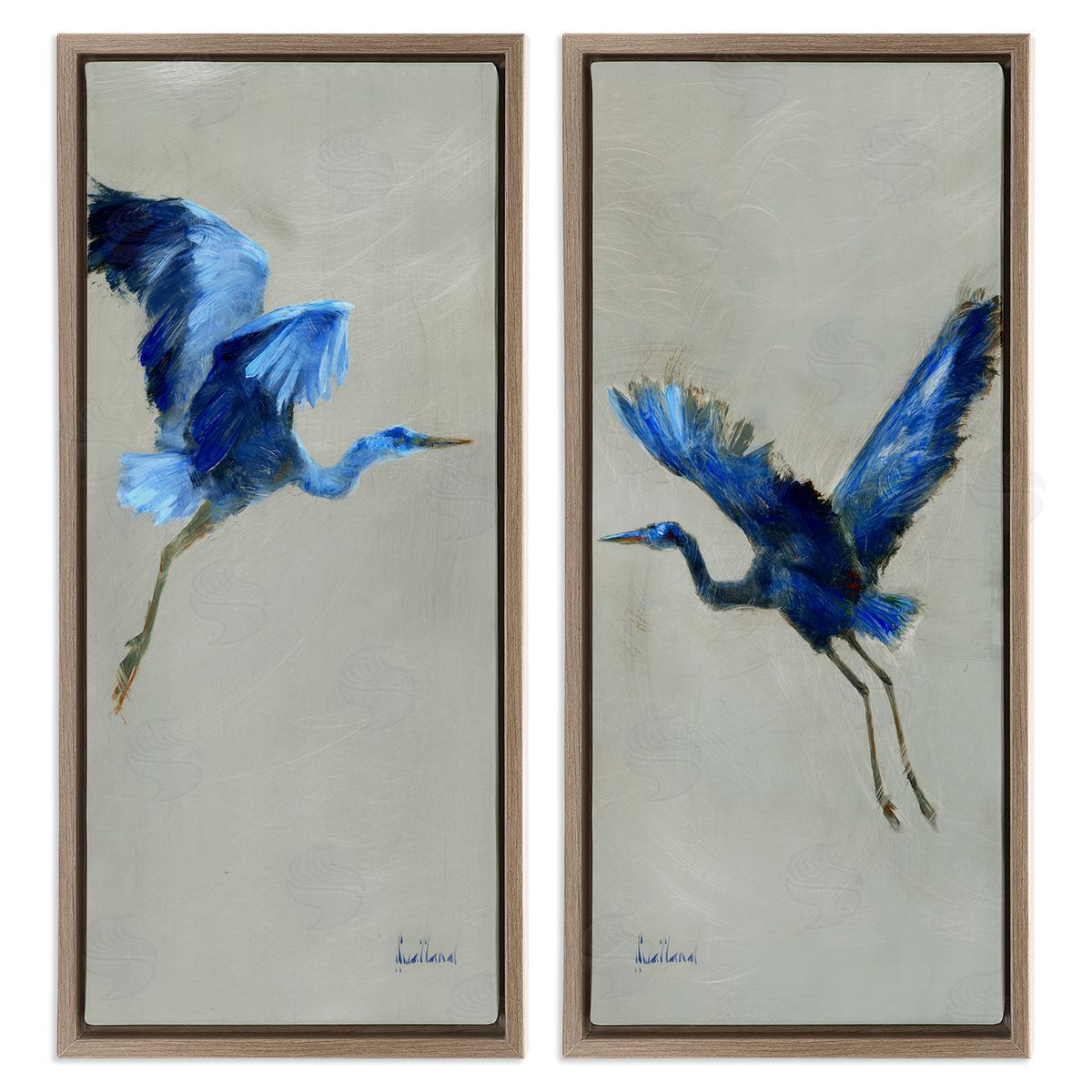 Expressive Flying Cranes Abstract Birds Brown Floating Frame Canvas Wall Art, Home Decor by Katie Swatland