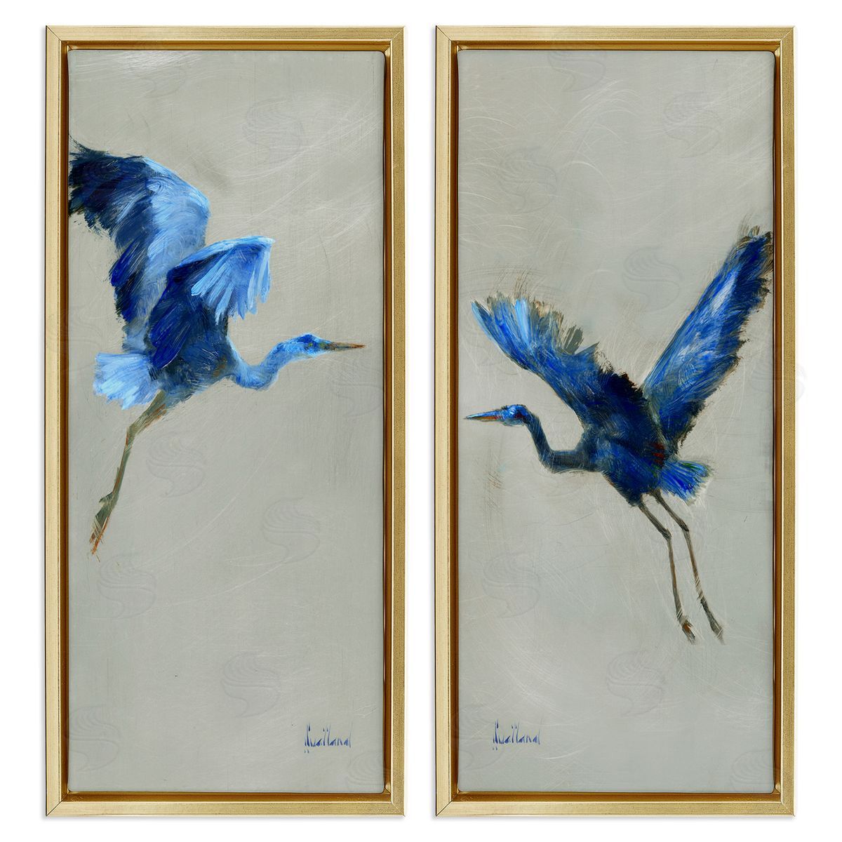 Expressive Flying Cranes Abstract Birds Gold Floating Frame Canvas Wall Art, Home Decor by Katie Swatland