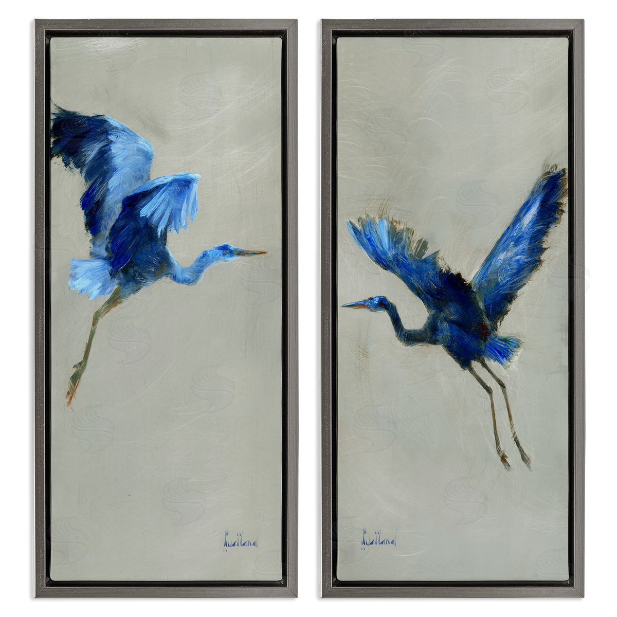 Expressive Flying Cranes Abstract Birds Grey Floating Frame Canvas Wall Art, Home Decor by Katie Swatland