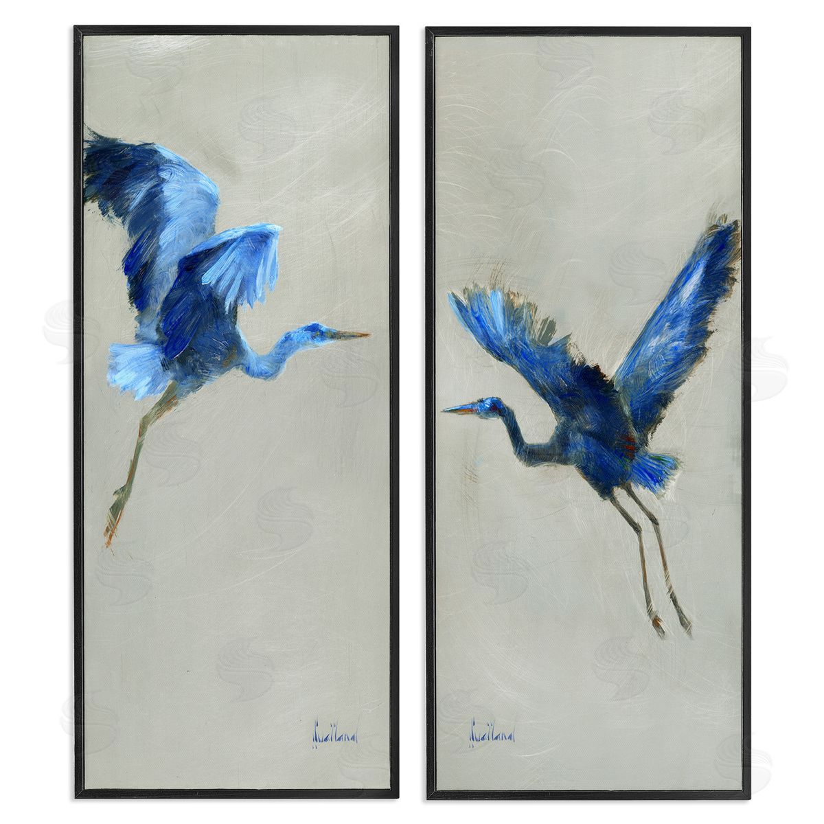 Expressive Flying Cranes Abstract Birds Black Frame Print Wall Art, Home Decor by Katie Swatland