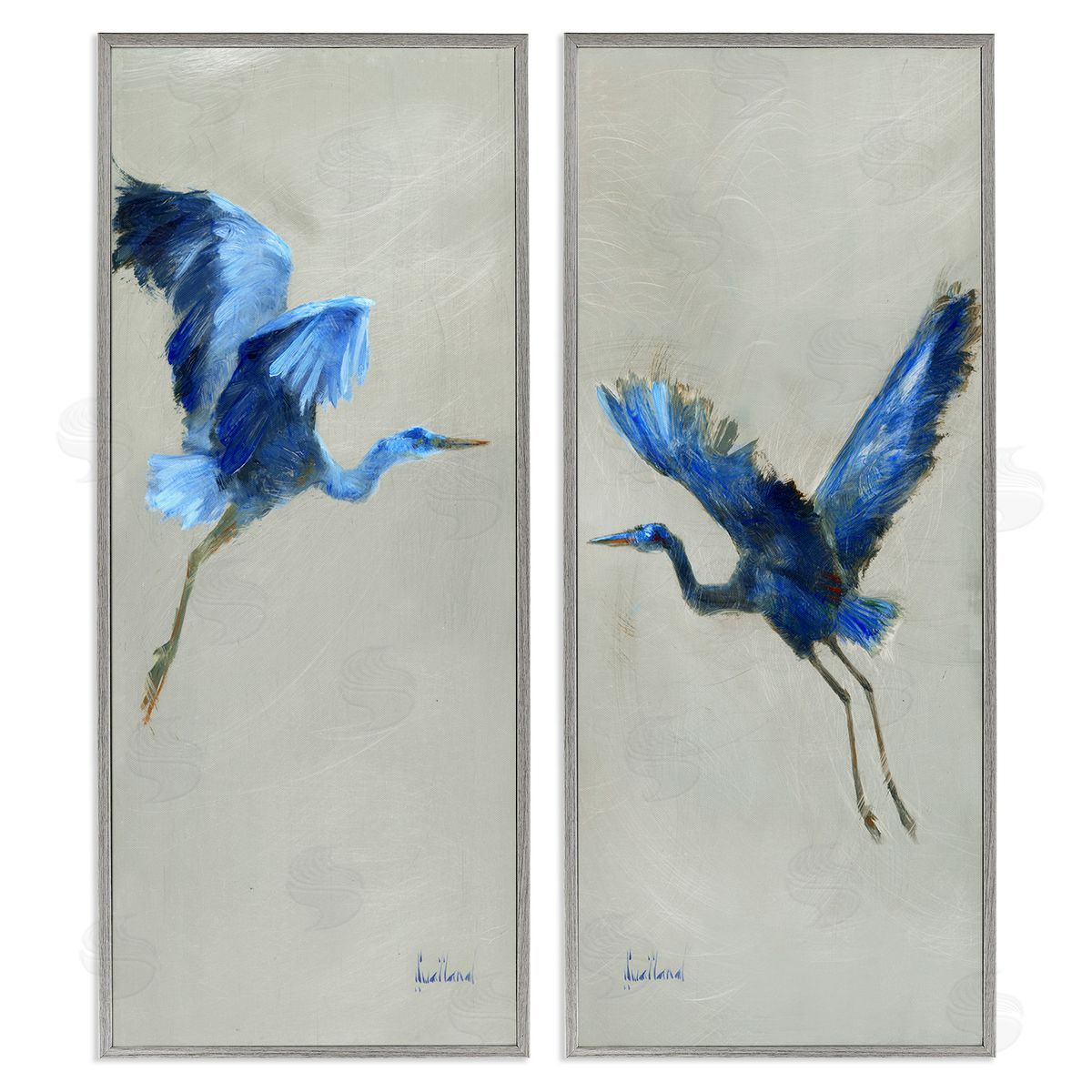 Expressive Flying Cranes Abstract Birds Grey Frame Print Wall Art, Home Decor by Katie Swatland