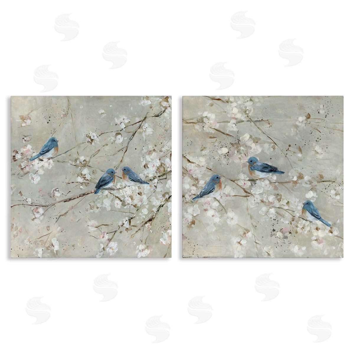Blue Birds Perched Tree Blossoms Canvas Wall Art, Home Decor by Sally Swatland