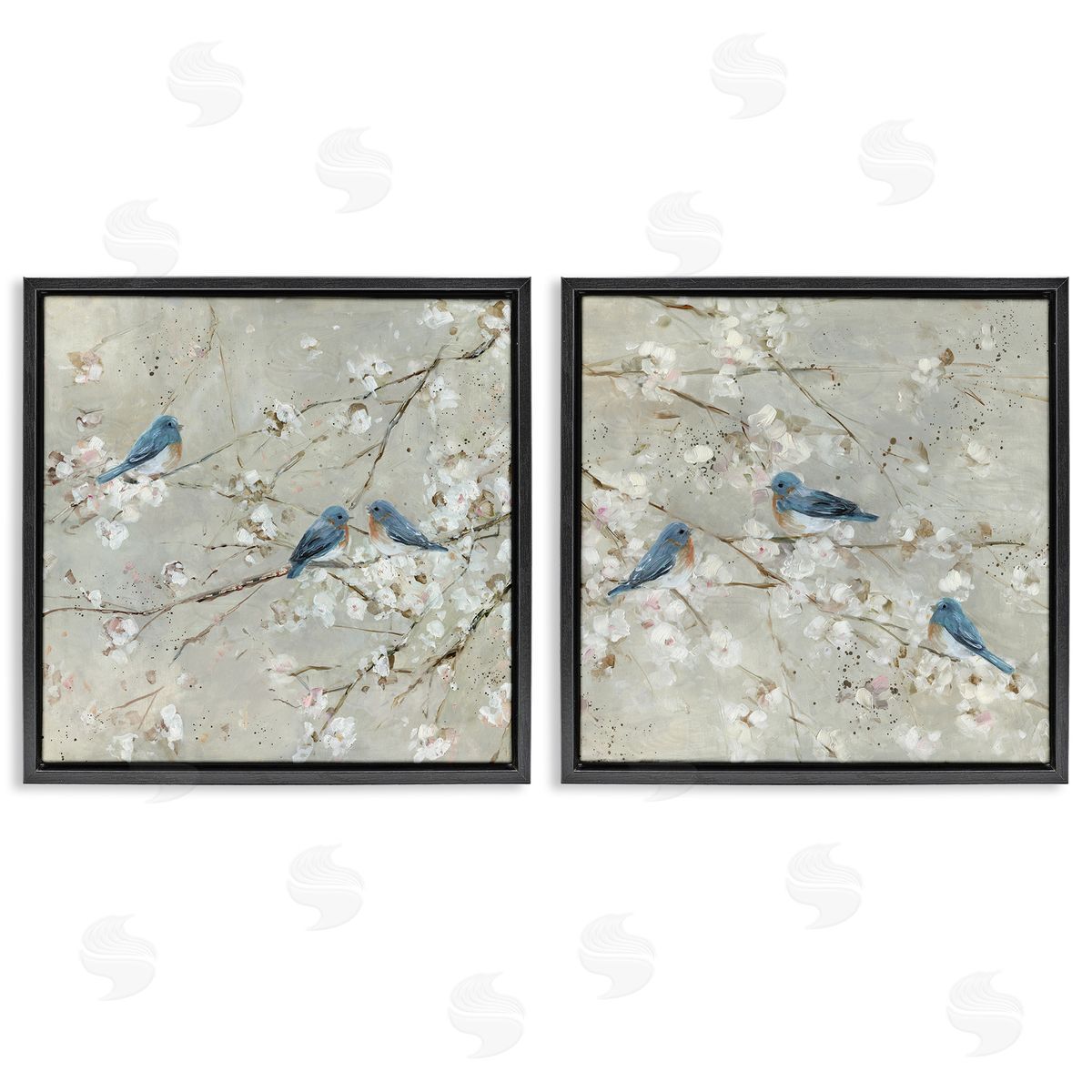 Blue Birds Perched Tree Blossoms Black Floating Frame Canvas Wall Art, Home Decor by Sally Swatland