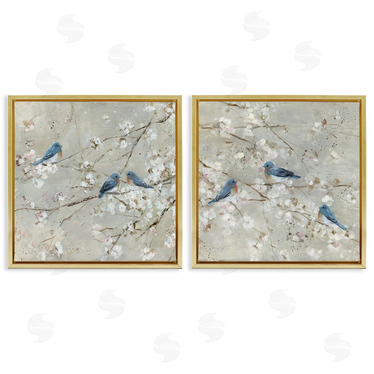 Blue Birds Perched Tree Blossoms Gold Floating Frame Canvas Wall Art, Home Decor by Sally Swatland