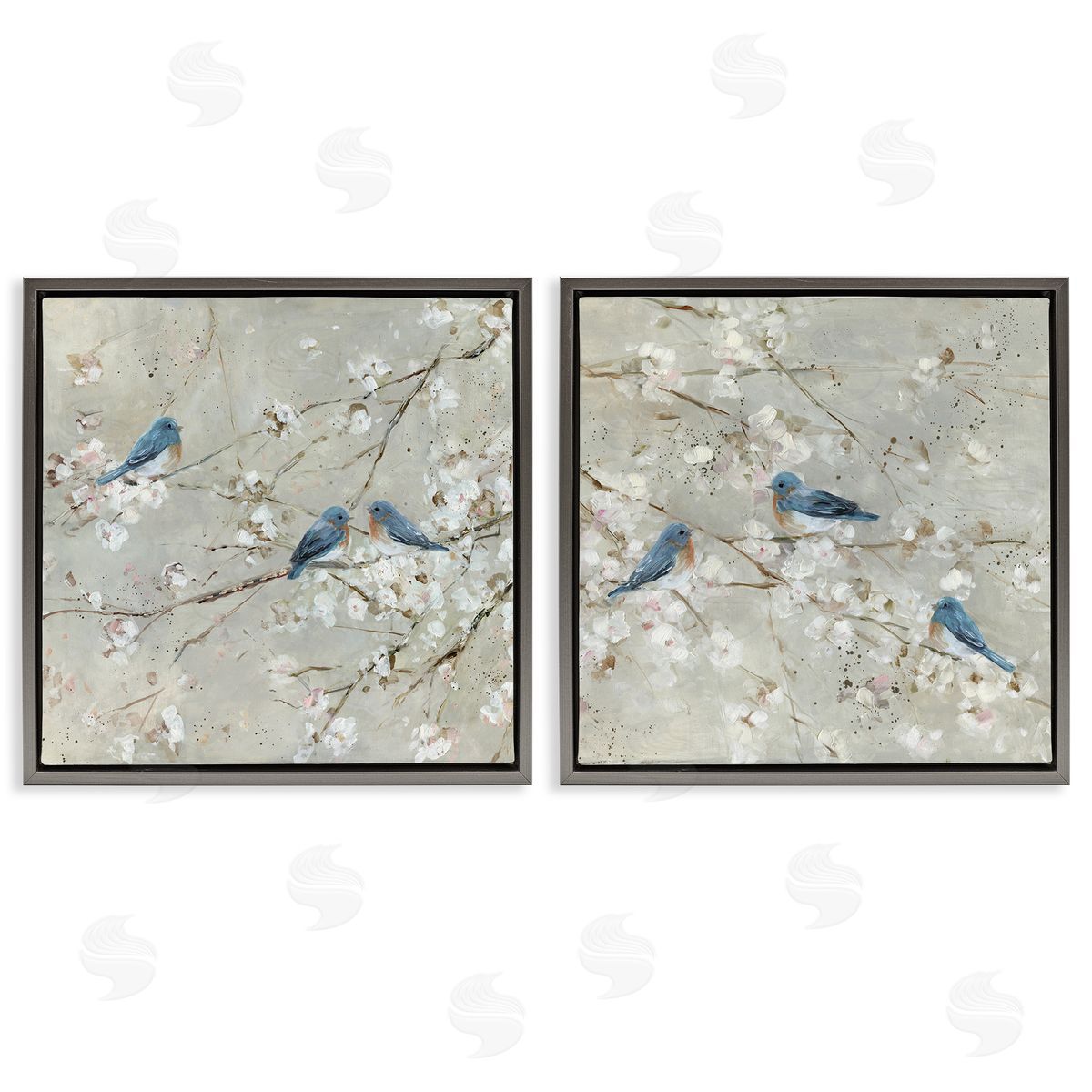 Blue Birds Perched Tree Blossoms Grey Floating Frame Canvas Wall Art, Home Decor by Sally Swatland