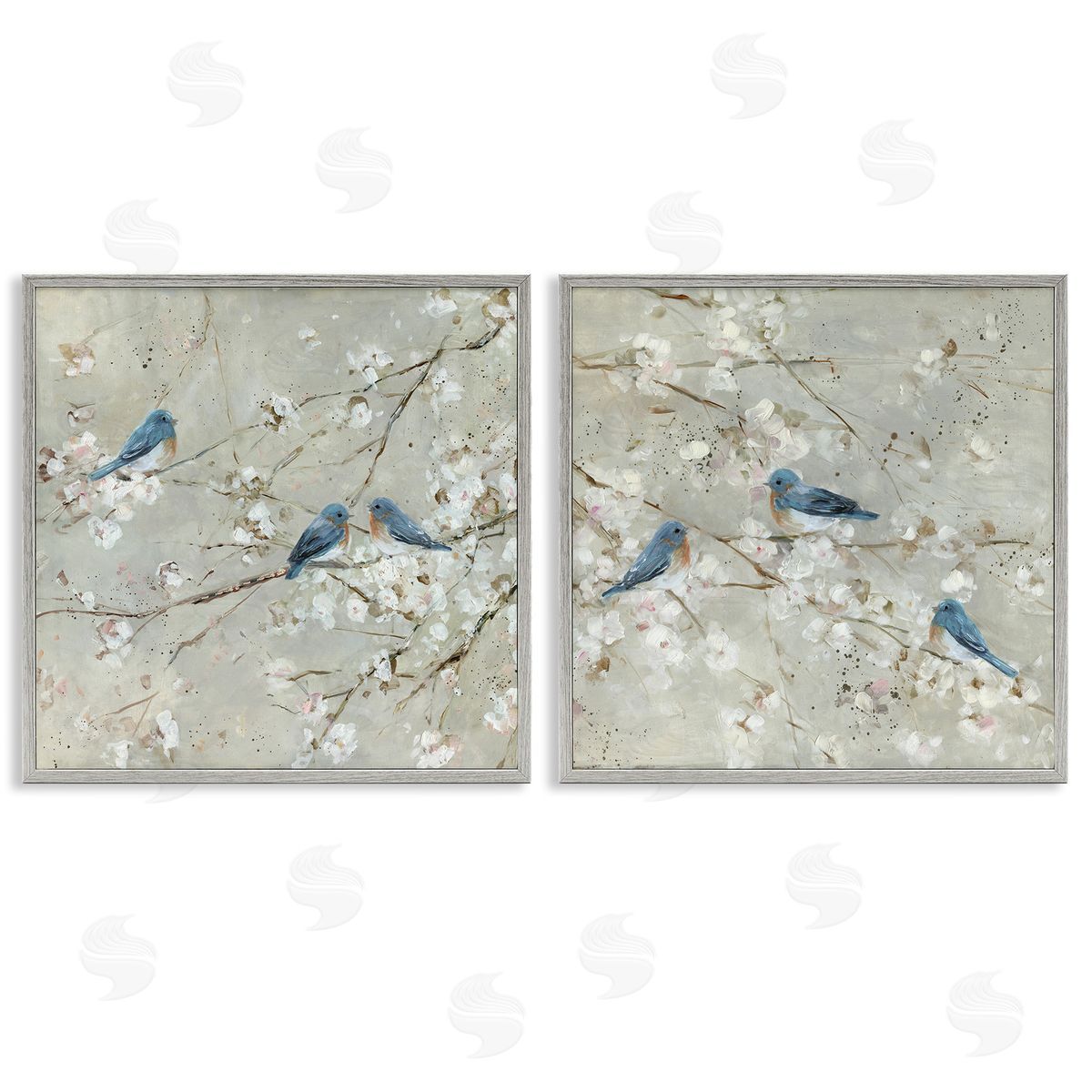Blue Birds Perched Tree Blossoms Grey Frame Print Wall Art, Home Decor by Sally Swatland